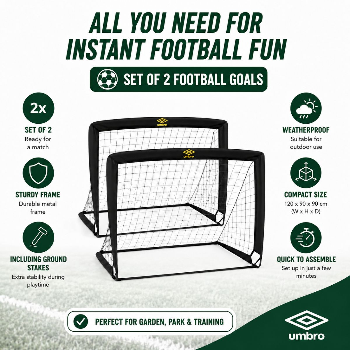 Zwei aufblasbare Fußballtore von Umbro auf einem Rasen, bereit für Spiele.