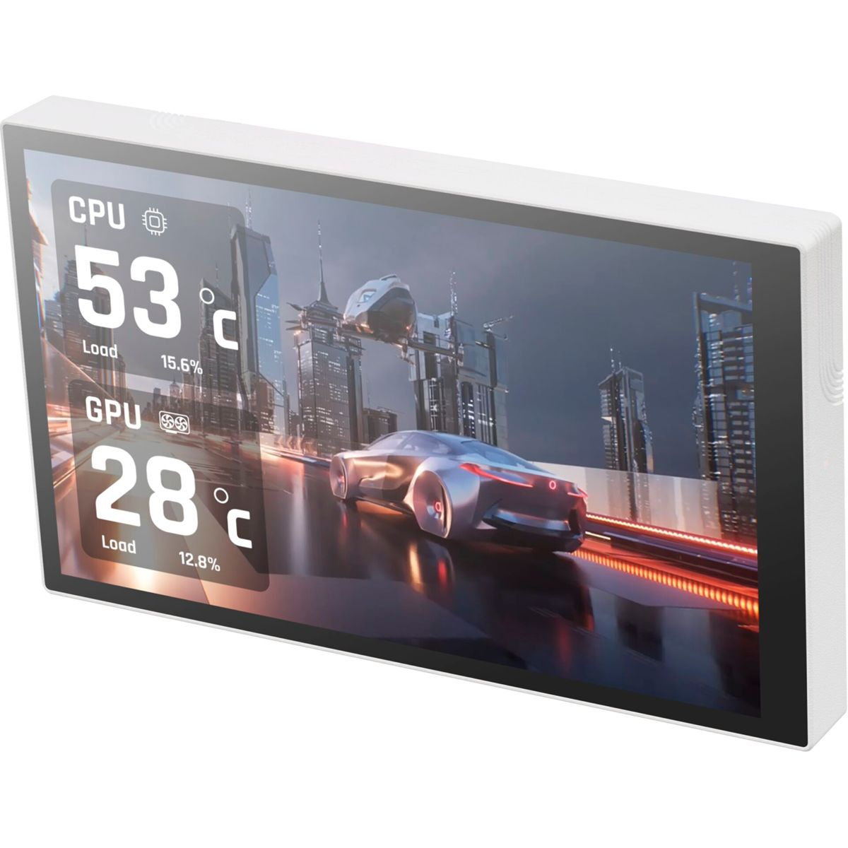 Ein weißer Monitor zeigt eine futuristische Stadt mit einem Auto. CPU bei 53°C, GPU bei 28°C.