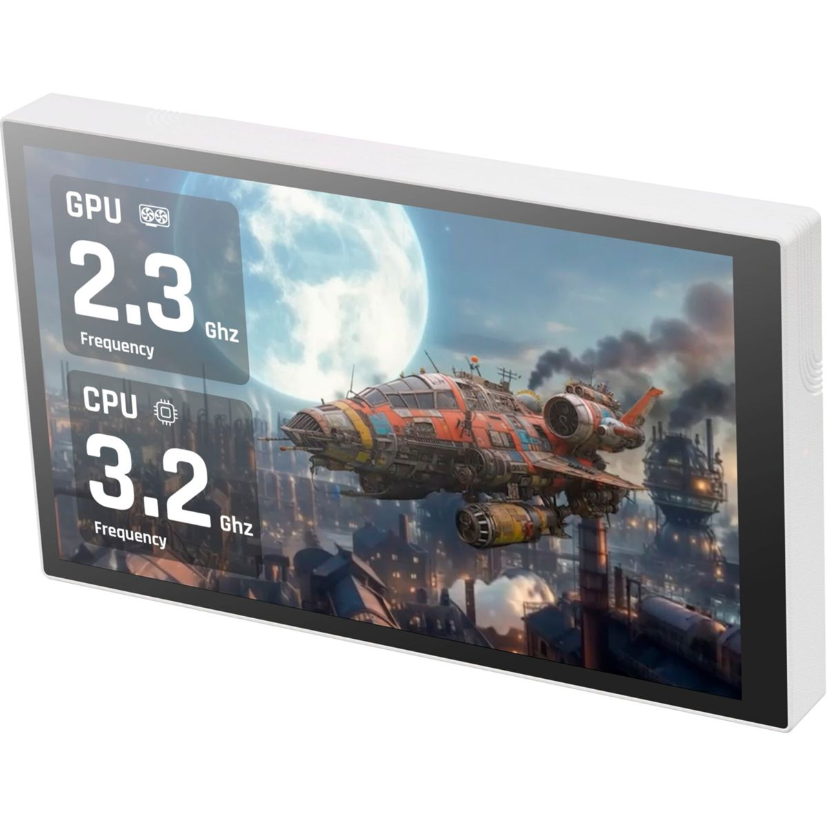 Bildschirm zeigt futuristische Stadtkulisse mit Raumschiff, Mond und CPU/GPU-Daten.