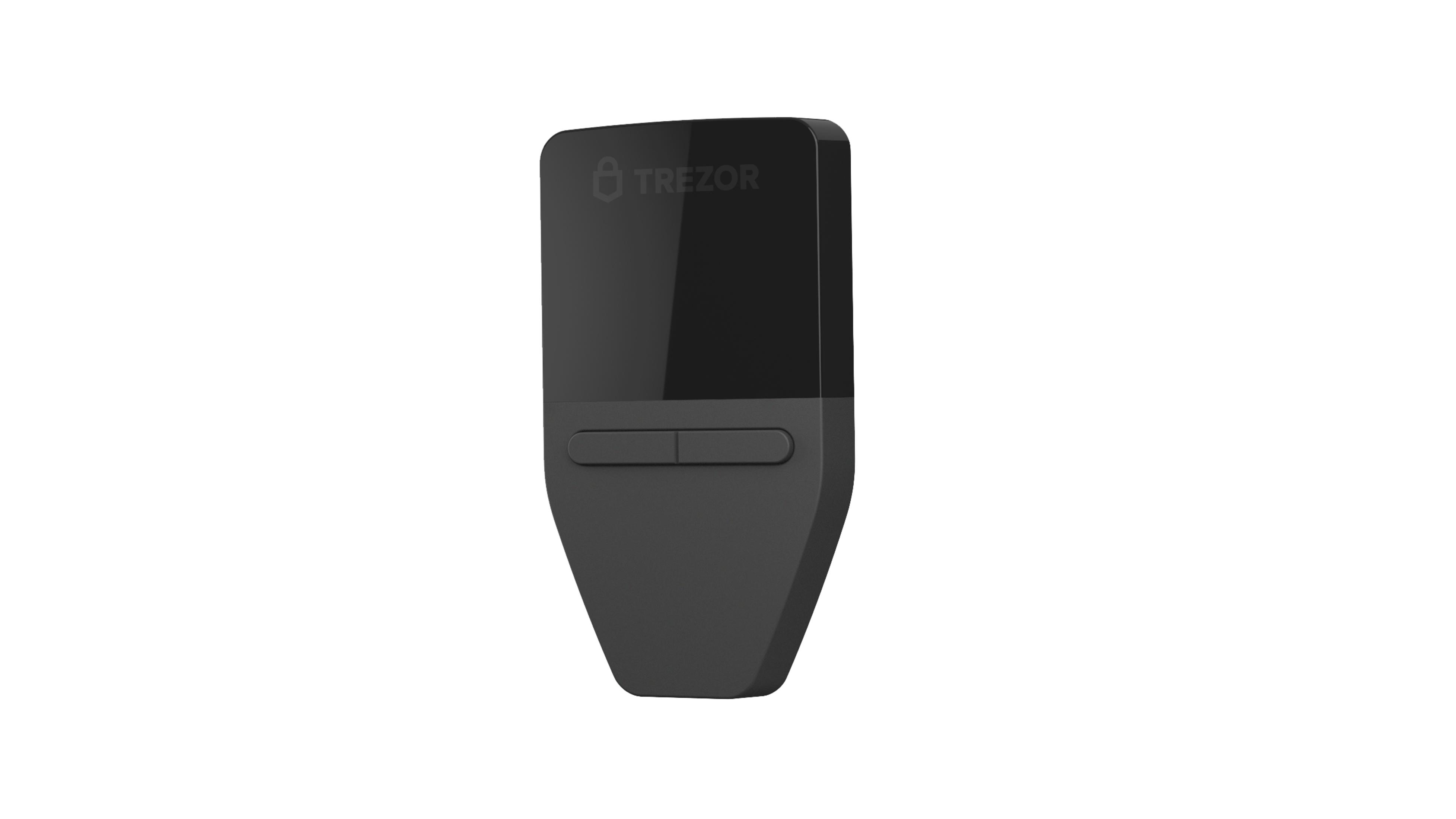 Eine schwarze Trezor Hardware Wallet mit zwei Tasten auf weißem Grund.