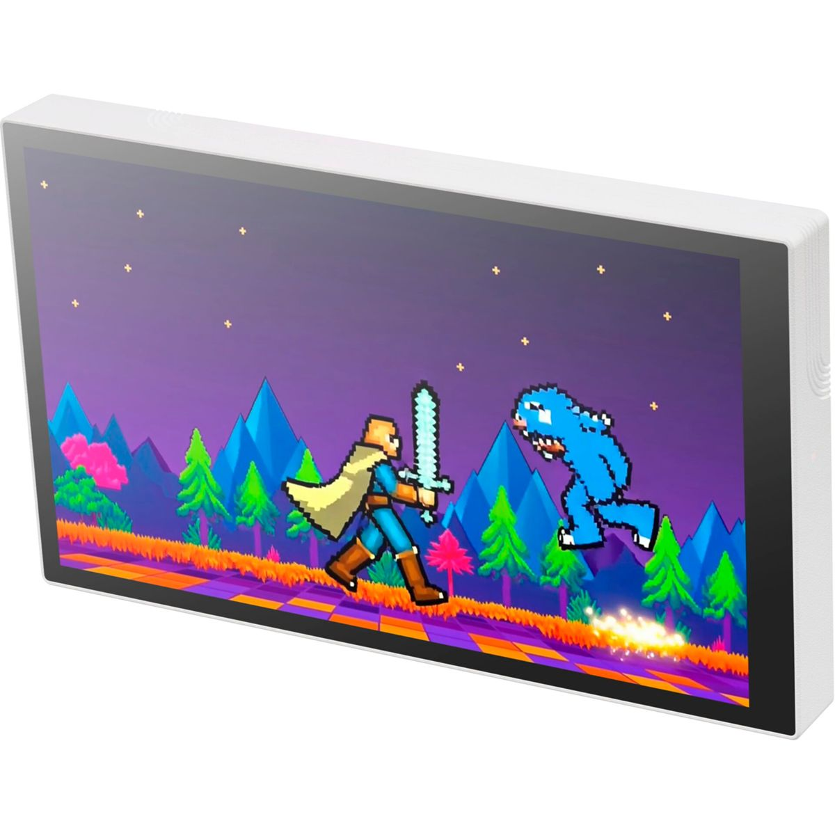 Ein Ritter mit Schwert kämpft gegen ein blaues Monster in einem Pixel-Videospiel.