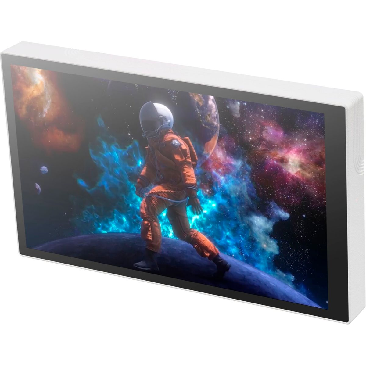 Ein Astronaut in einem orangefarbenen Anzug steht auf einem Planeten im Weltraum.