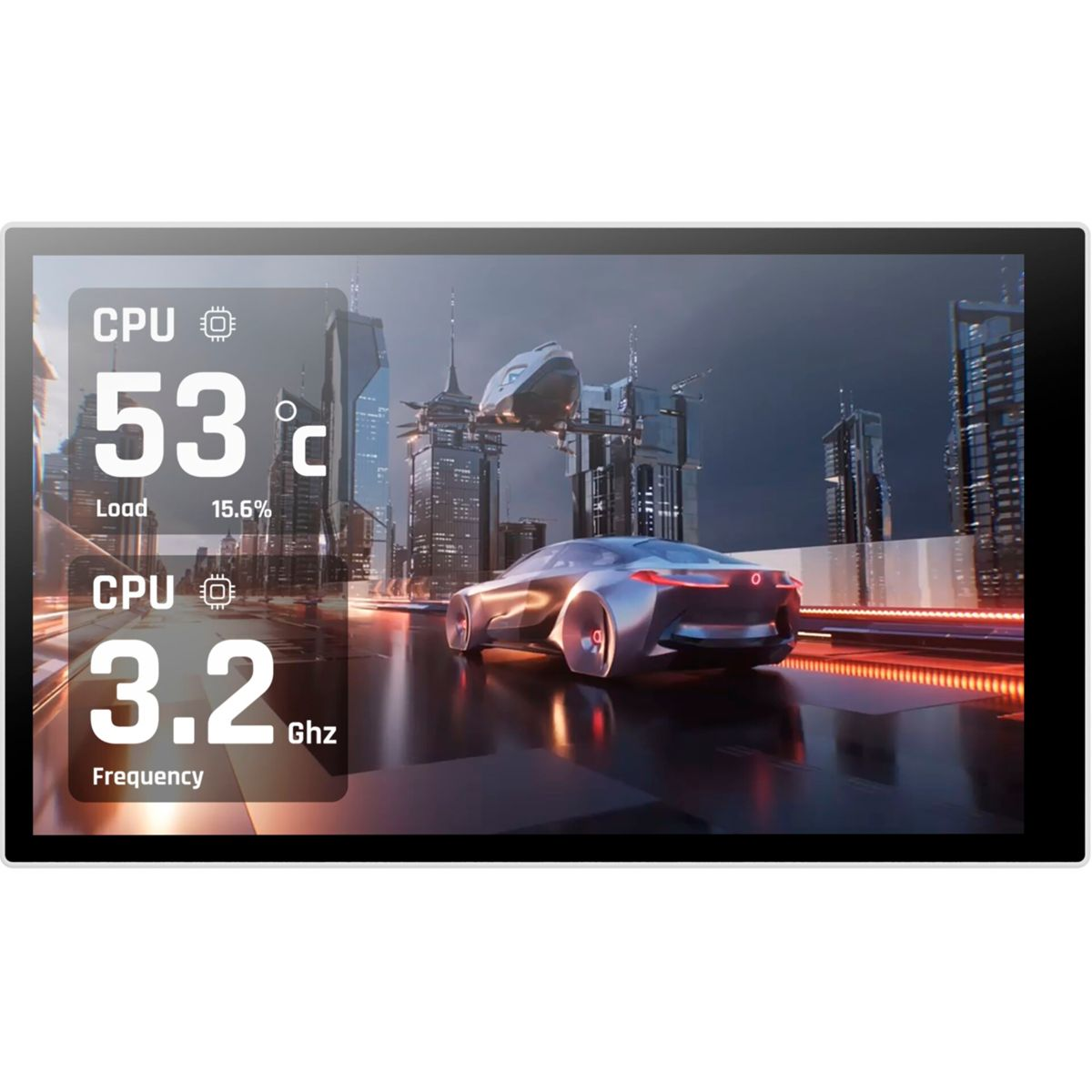 Futuristisches Auto auf einer Straße mit Stadtsilhouette und CPU-Statistiken.