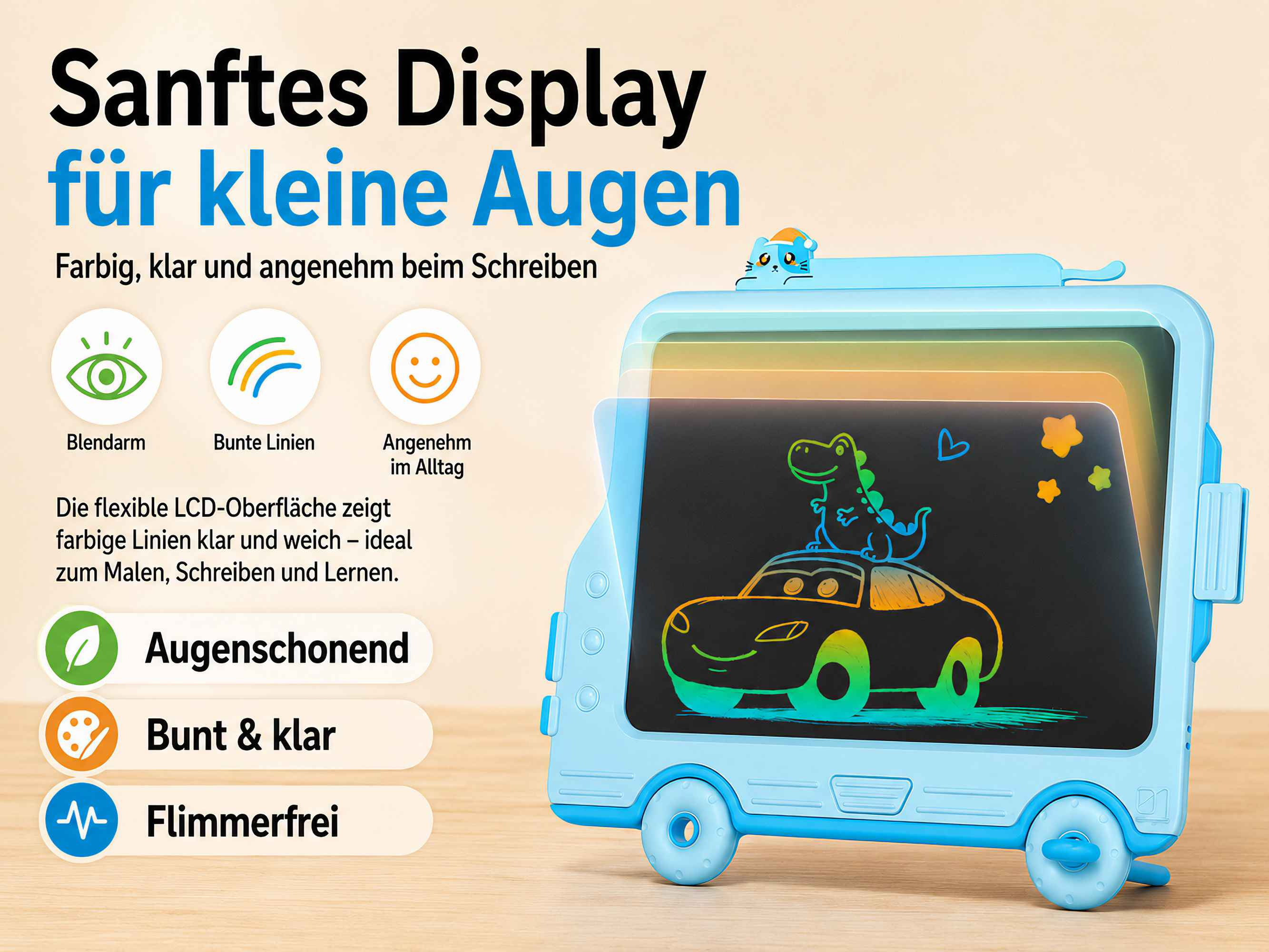Ein blaues LCD-Schreibtablett mit einem Dinosaurier auf einem Auto als Zeichnung.