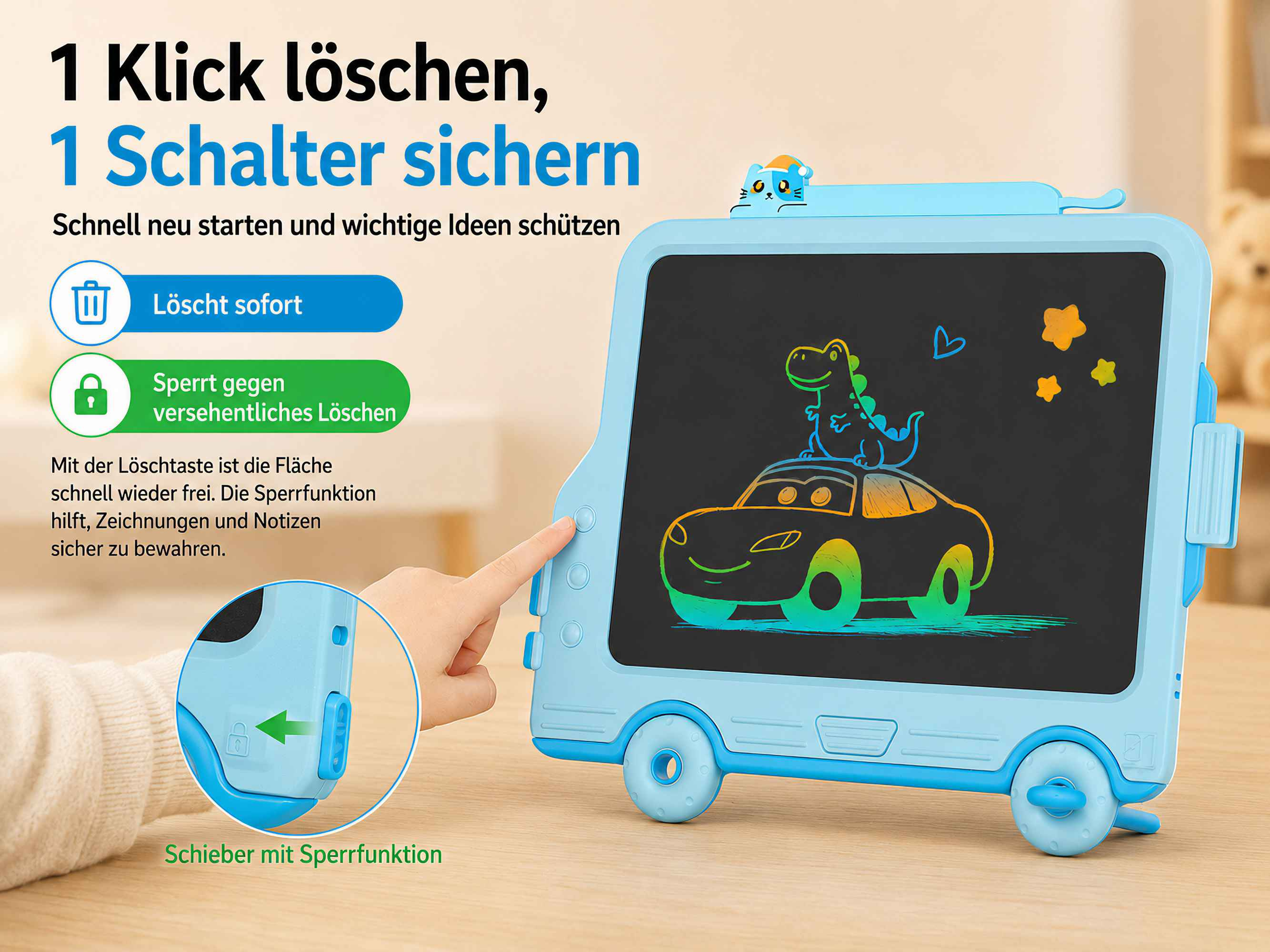 Ein blaues Schreibtablett mit einem Dino auf einem Auto, das von einer Hand bedient wird.