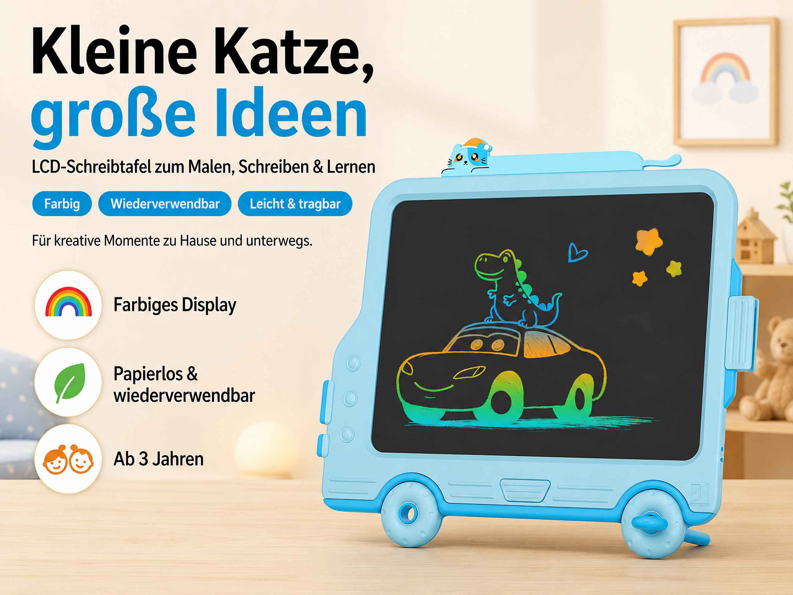 Ein blaues LCD-Schreibtablett in Autoform mit einer Dinosaurierzeichnung, Textüberlagerungen und Produktmerkmalen.