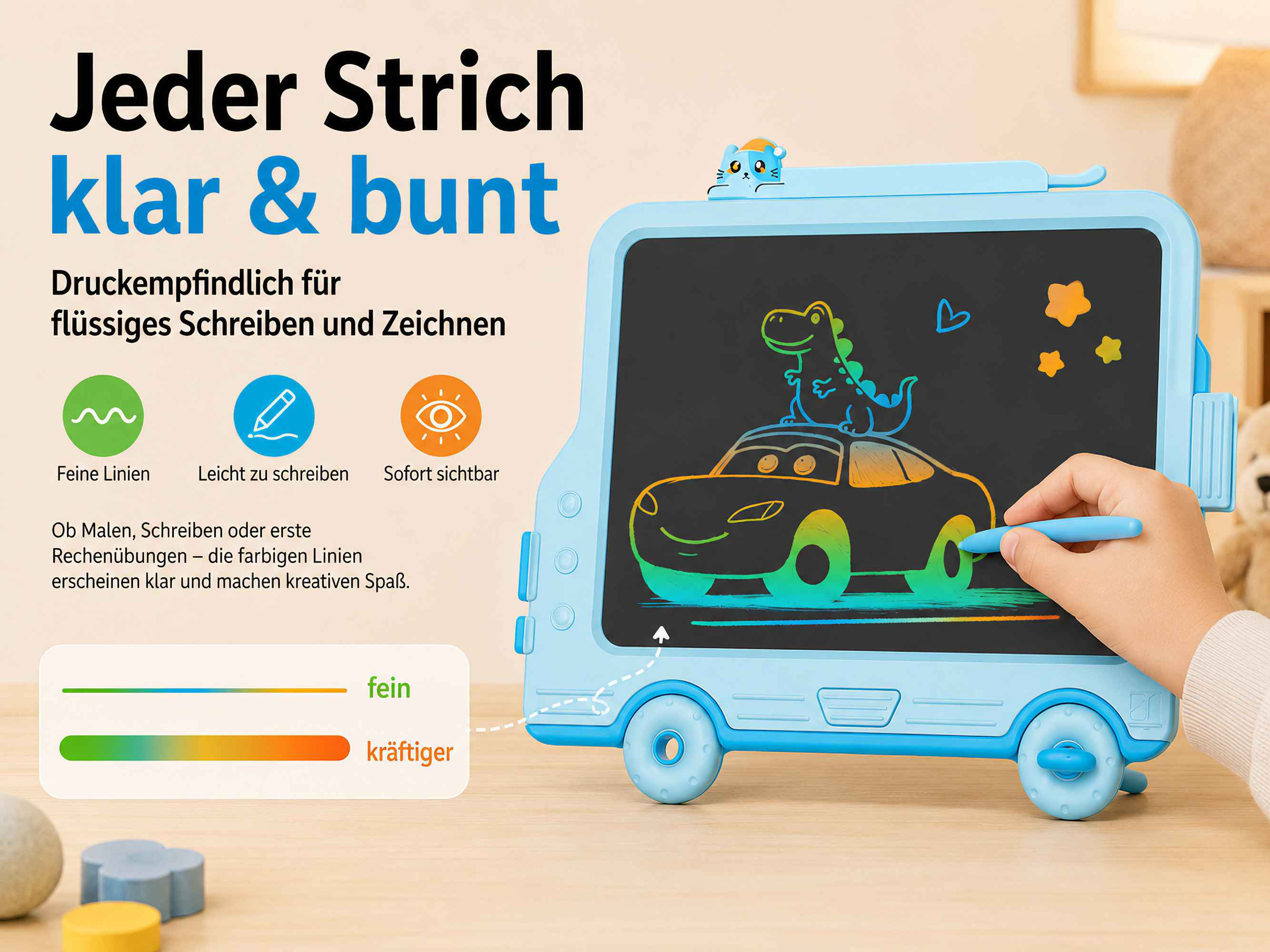 Ein blaues Malbrett mit einem Dino auf einem Auto. Ein Stift malt ein Rad.