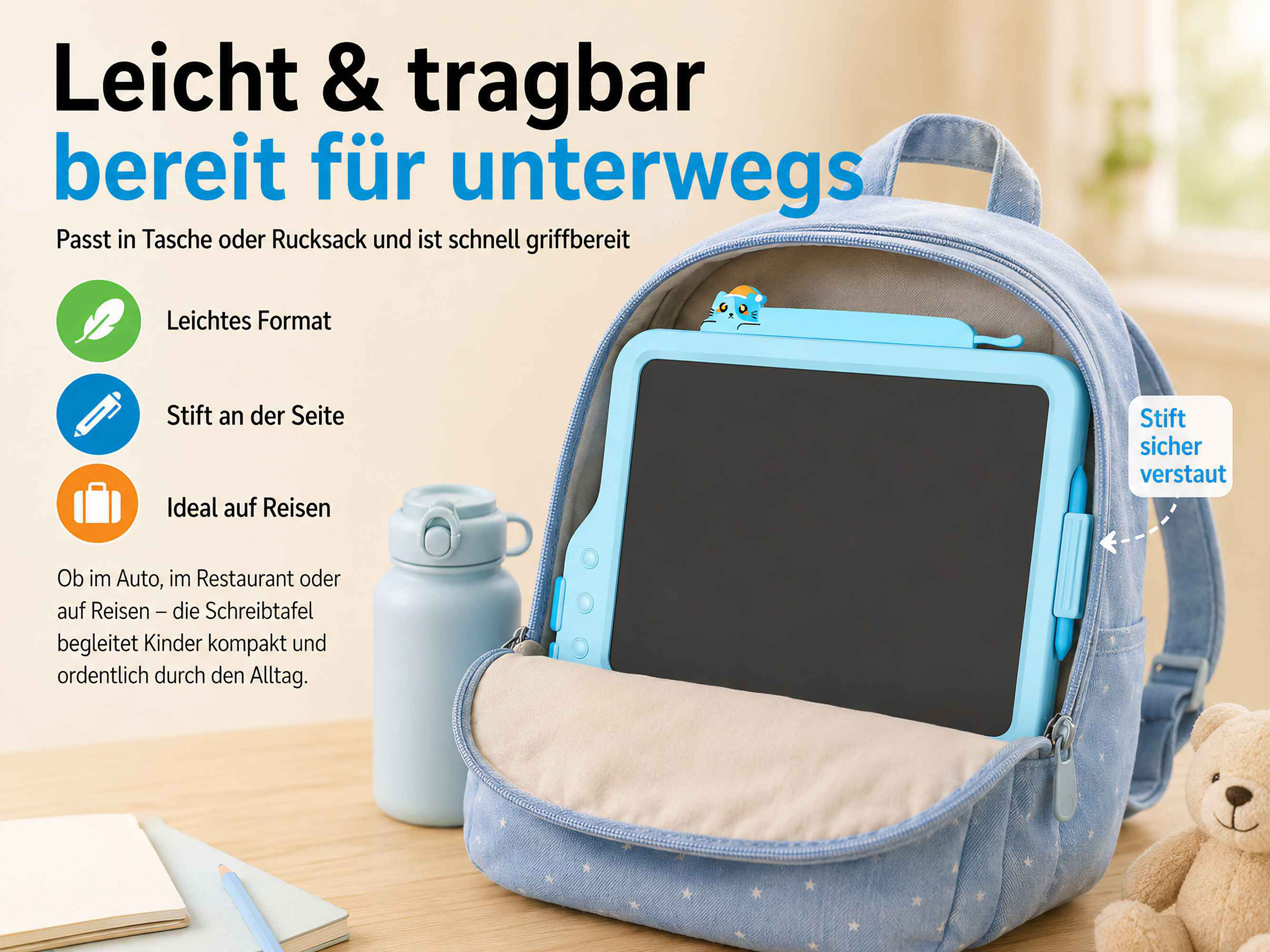 Ein hellblaues Zeichentablett mit Stift in einem Jeans-Rucksack, neben einer Wasserflasche und einem Teddybären.