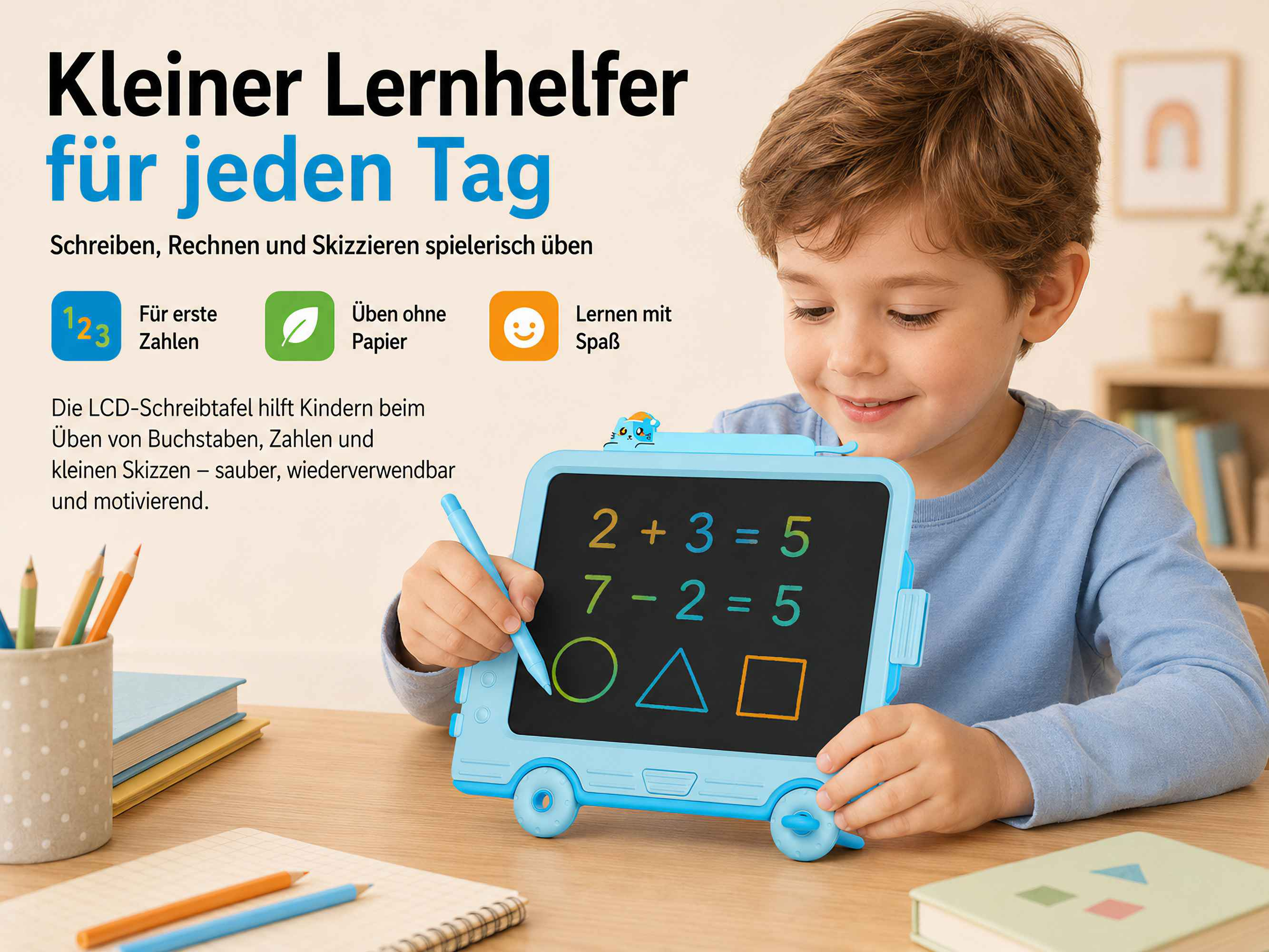 Ein Junge schreibt auf einem blauen LCD-Tablet in Form eines Autos Matheaufgaben und Formen.