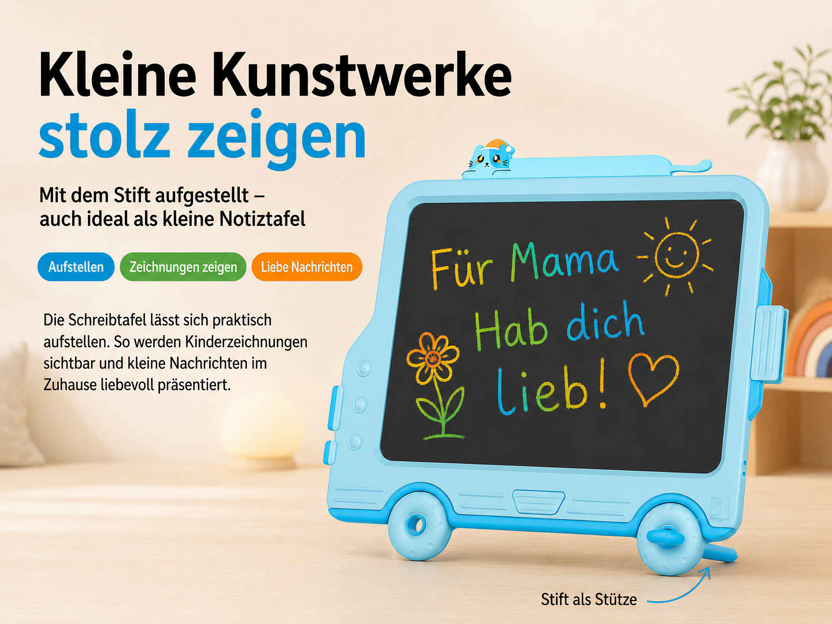 Blaue Tafel mit Stift als Stütze, zeigt 