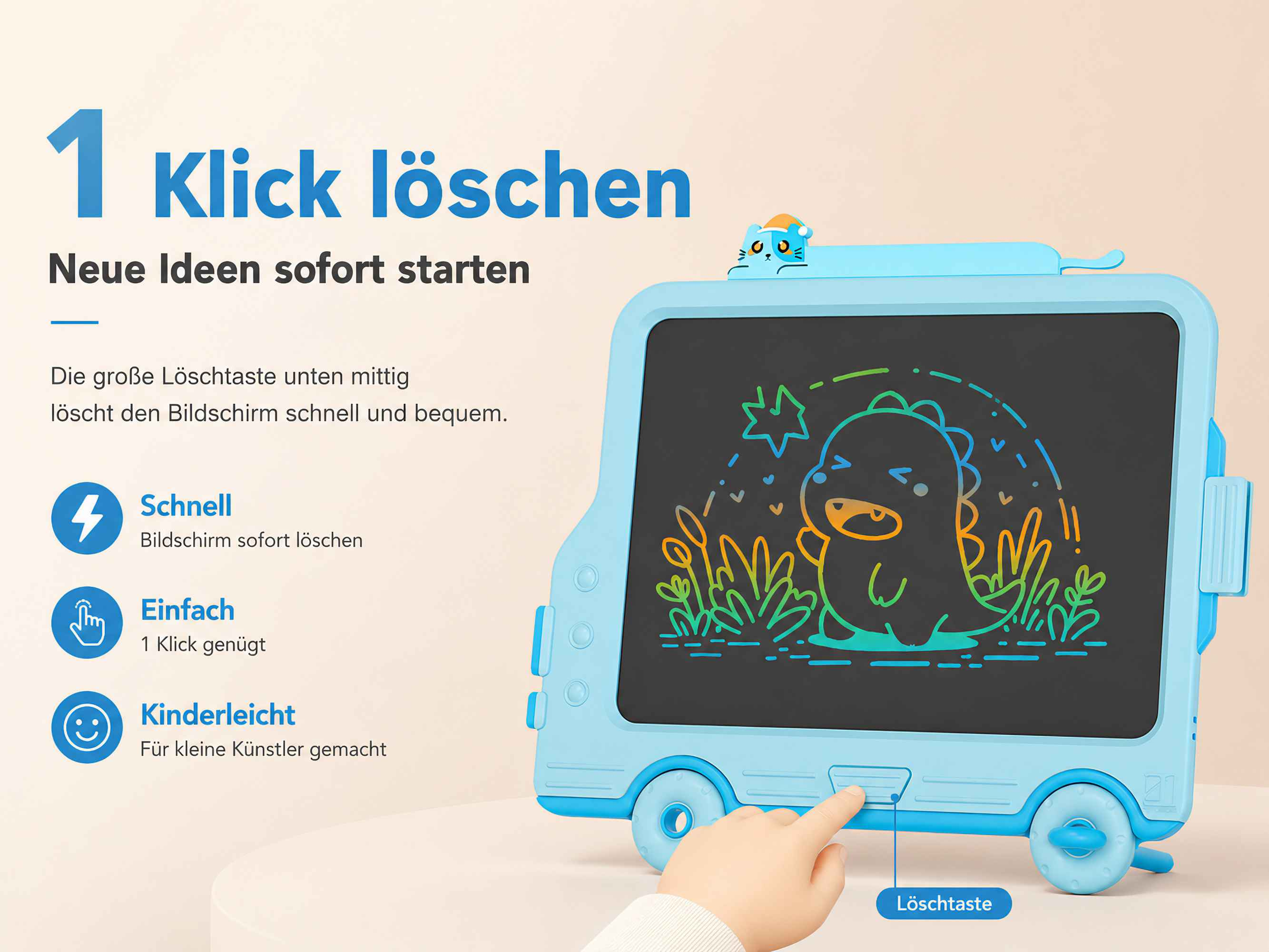 Ein blaues Lernspielzeug mit einem Dino-Bild auf dem Bildschirm, das eine Löschtaste zeigt.