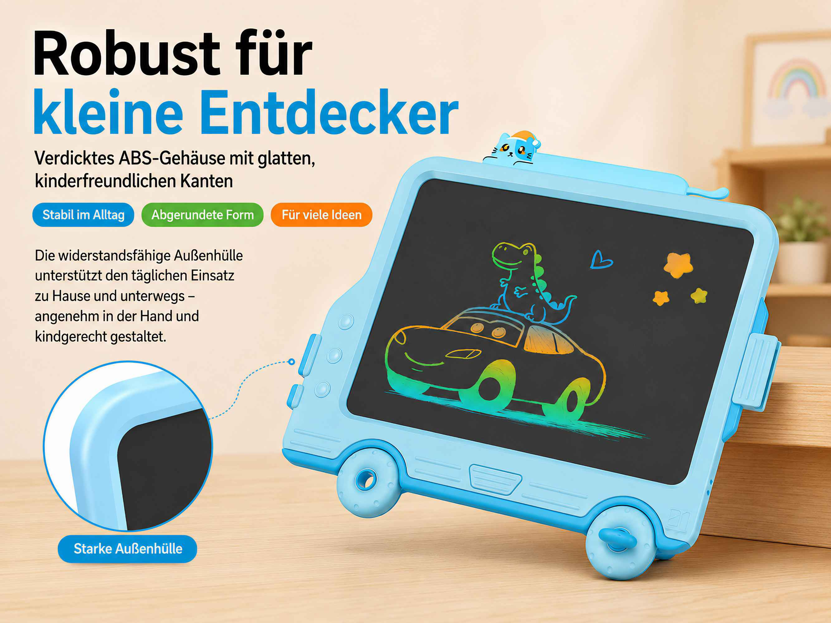 Ein blaues Kinder-Schreibtablet in Autoform mit einem Dino auf einem Auto.