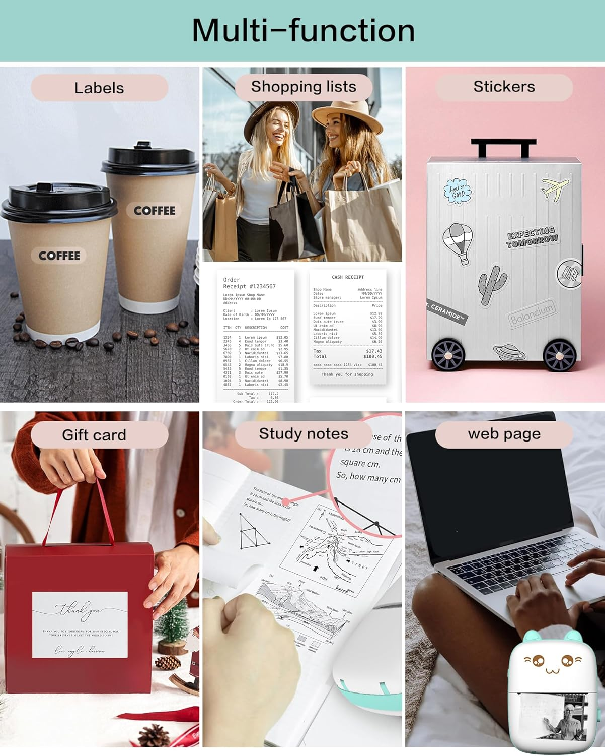 Mehrere Abschnitte zeigen Kaffeebecher, Einkaufslisten, ein Koffer-Aufkleber-Design, eine Geschenkbox und Notizen.