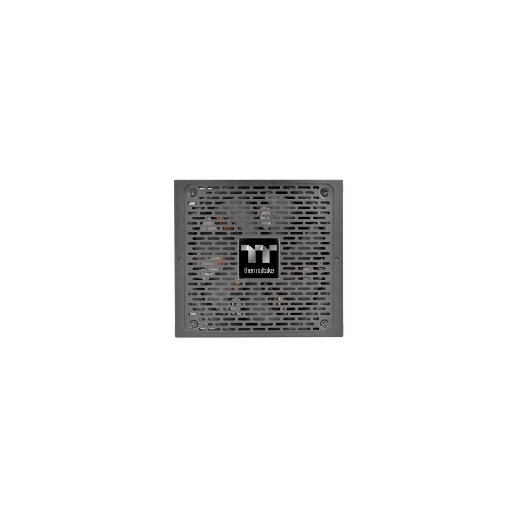 Grauer Thermaltake Netzteil mit Lüftungsgitter und Logo.