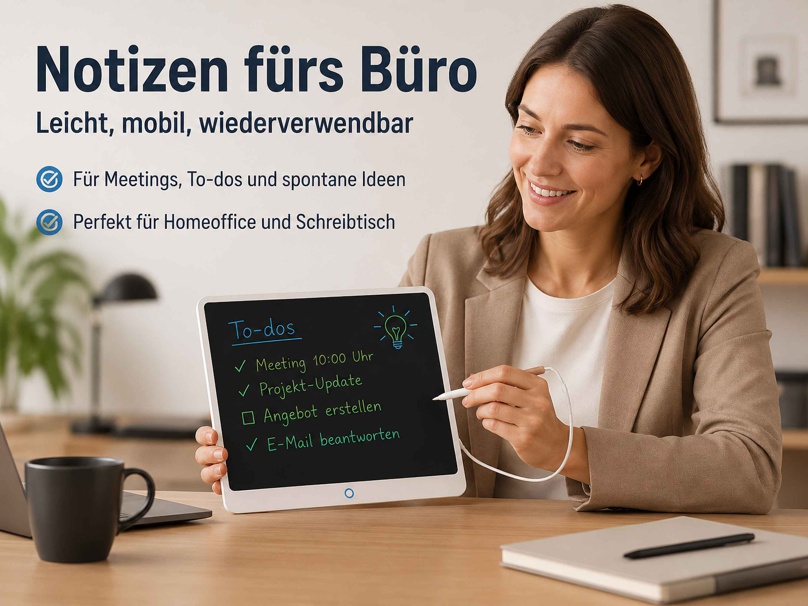 Frau zeigt auf ein Tablet mit To-do-Liste. Notizen fürs Büro.