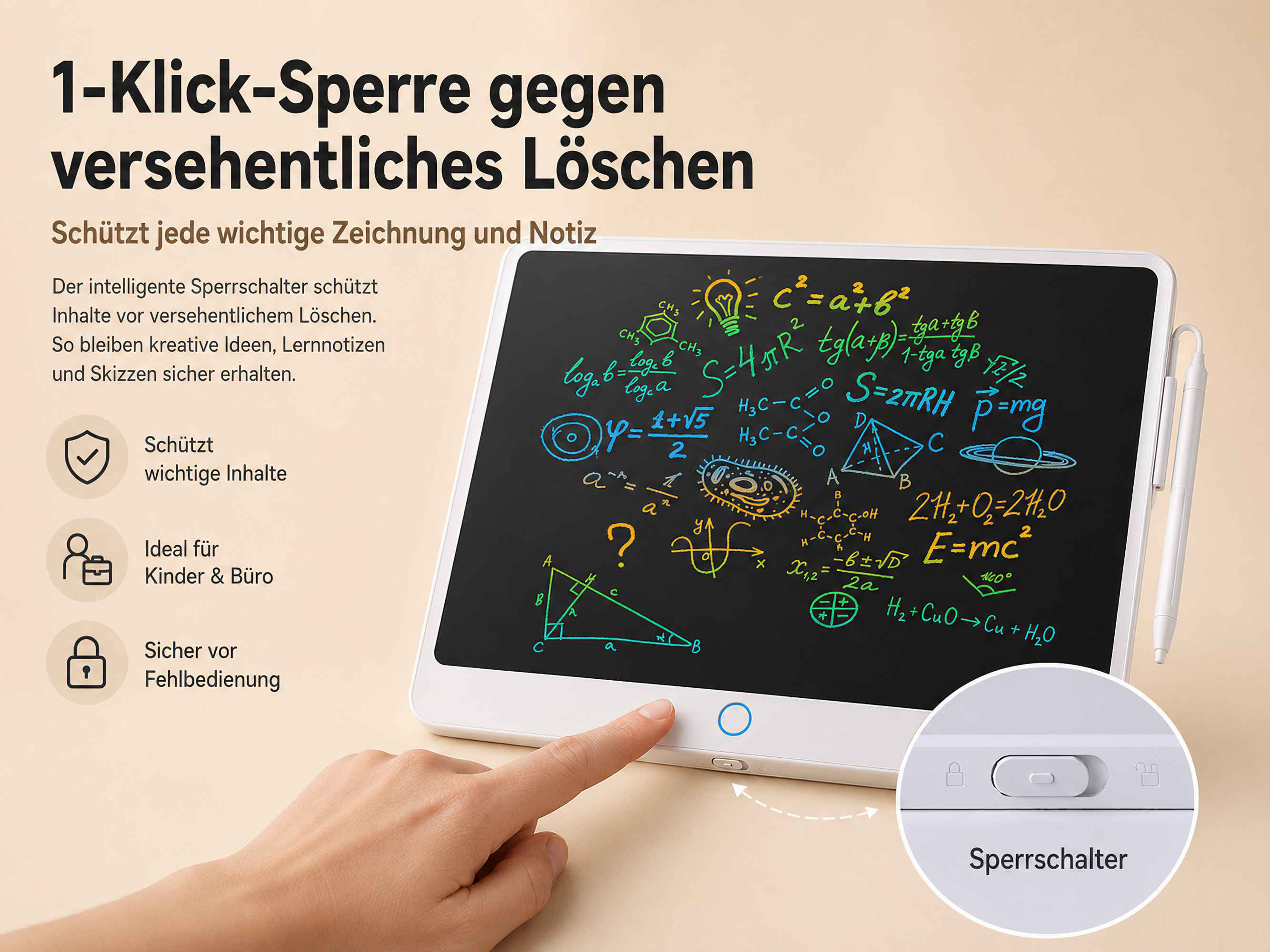 Ein Finger drückt auf ein Tablet mit mathematischen Formeln. Ein Schieberegler sperrt Inhalte.