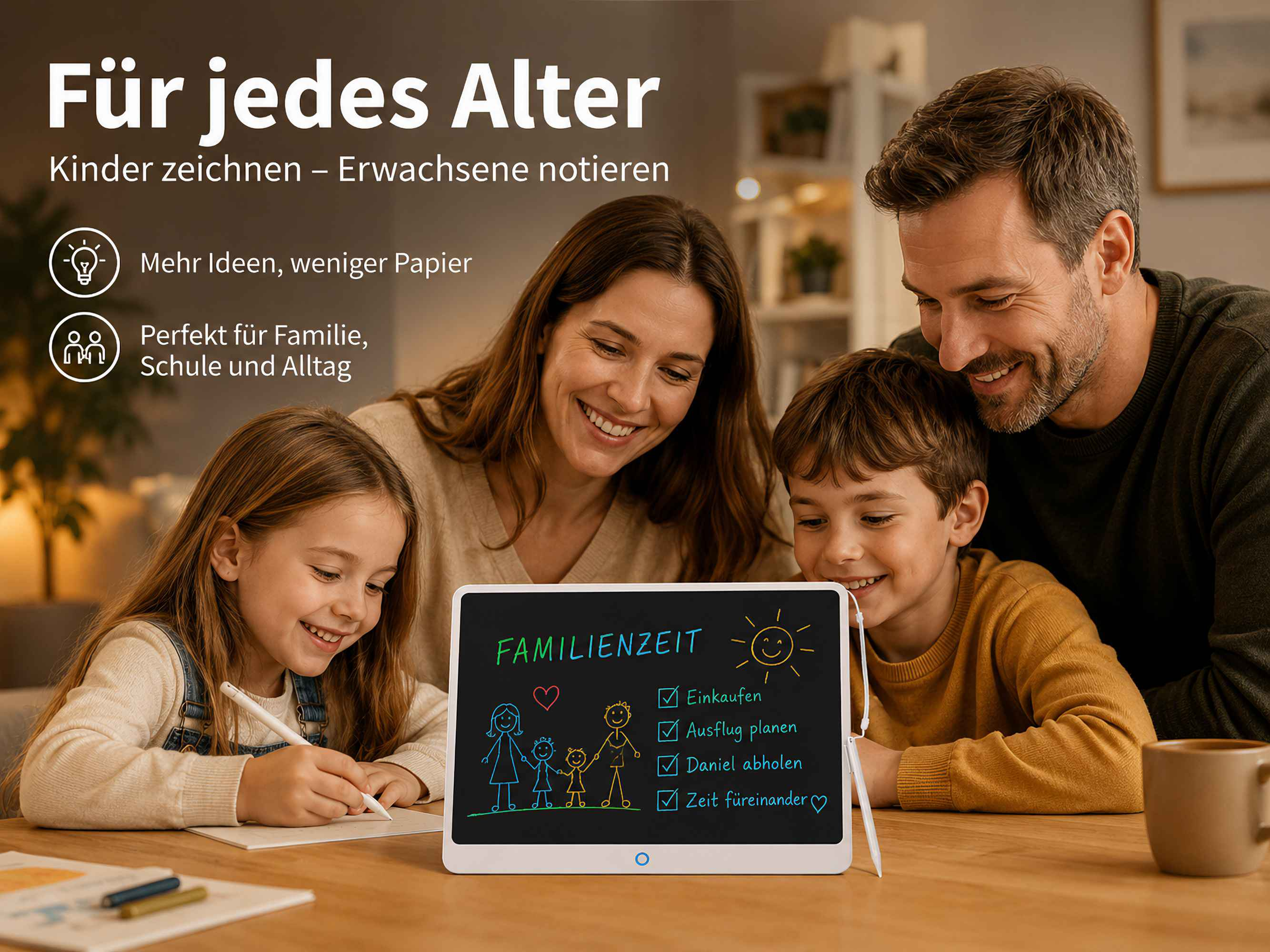 Familie blickt auf ein Tablet mit Einkaufsliste und einer Zeichnung.