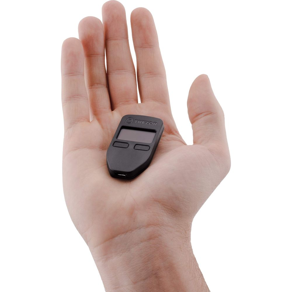 Ein schwarzes Hardware-Wallet liegt in der Handfläche einer Person.