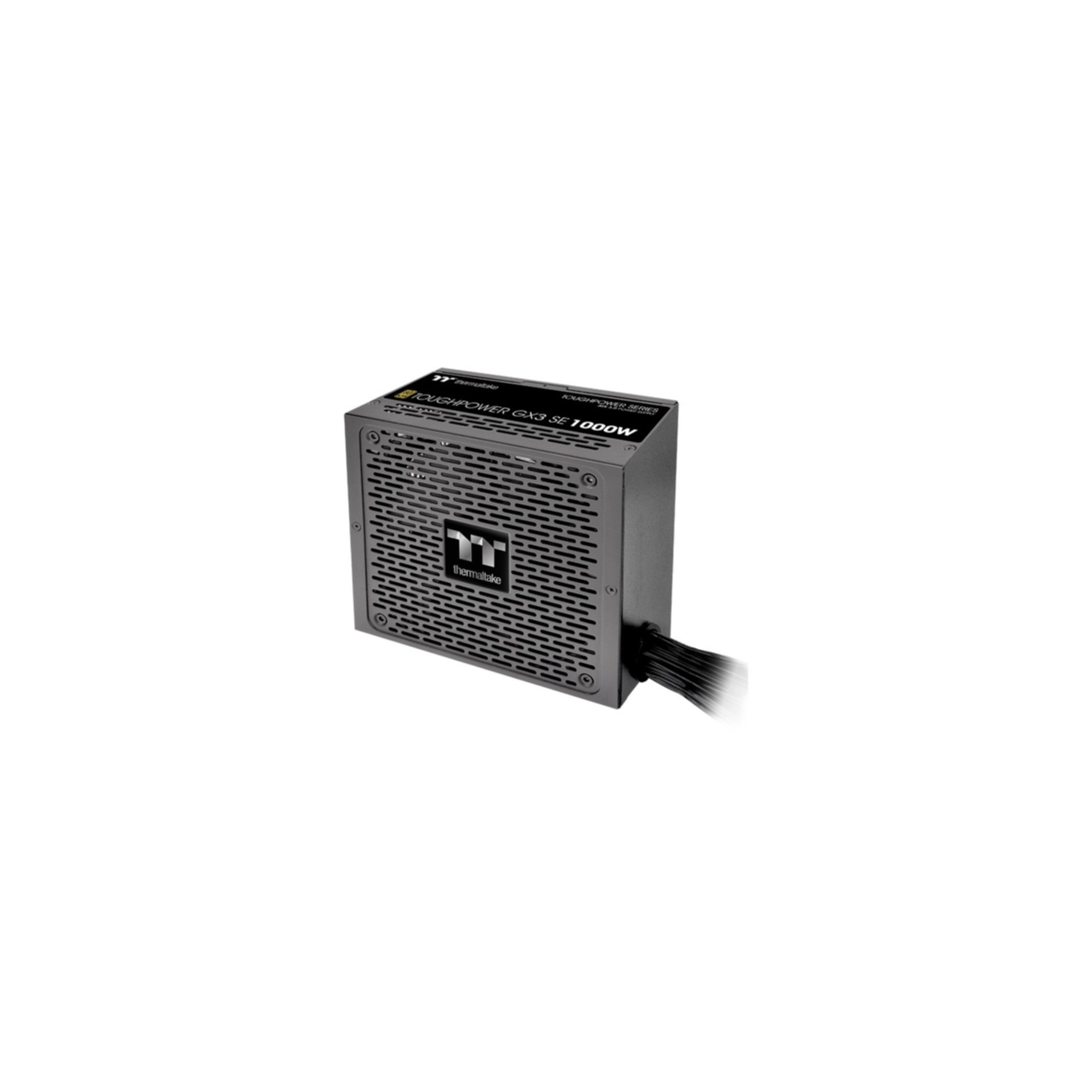 Graues Netzteil mit Thermaltake-Logo und Lüftergitter.