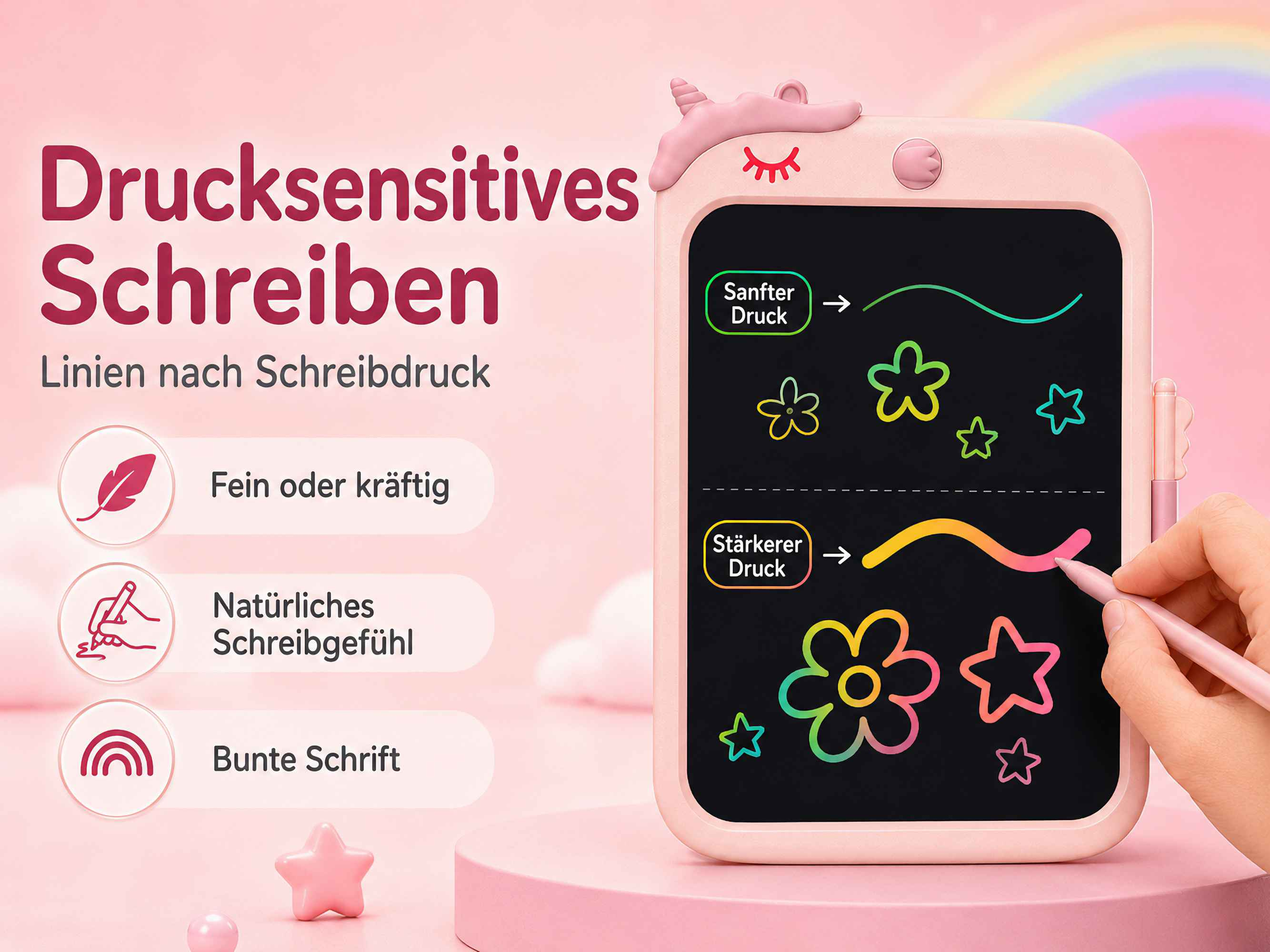 Ein rosa Einhorn-Schreibtablett mit bunten Zeichnungen und Text auf Deutsch.