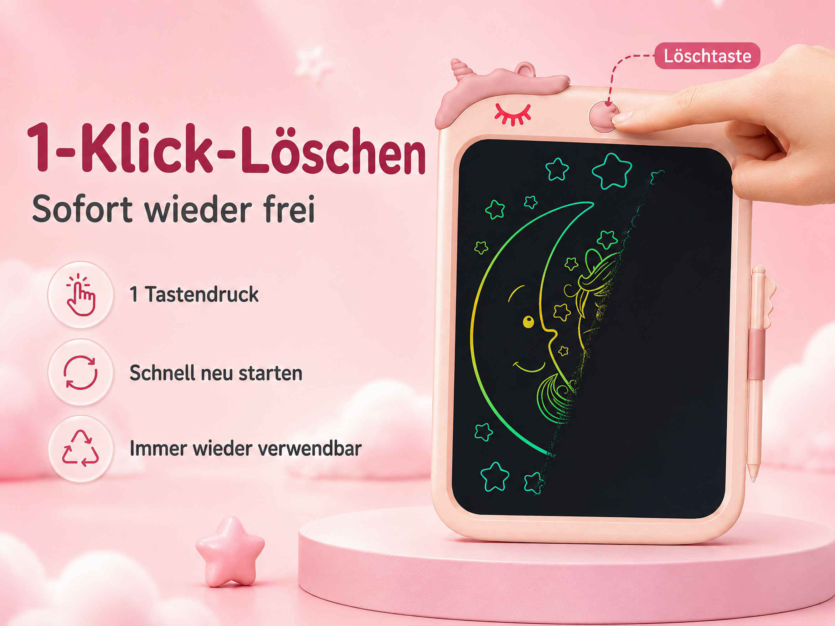 Ein rosafarbenes Einhorn-Tablet mit Mond- und Sternenzeichnung. Ein Finger drückt auf die Löschtaste.