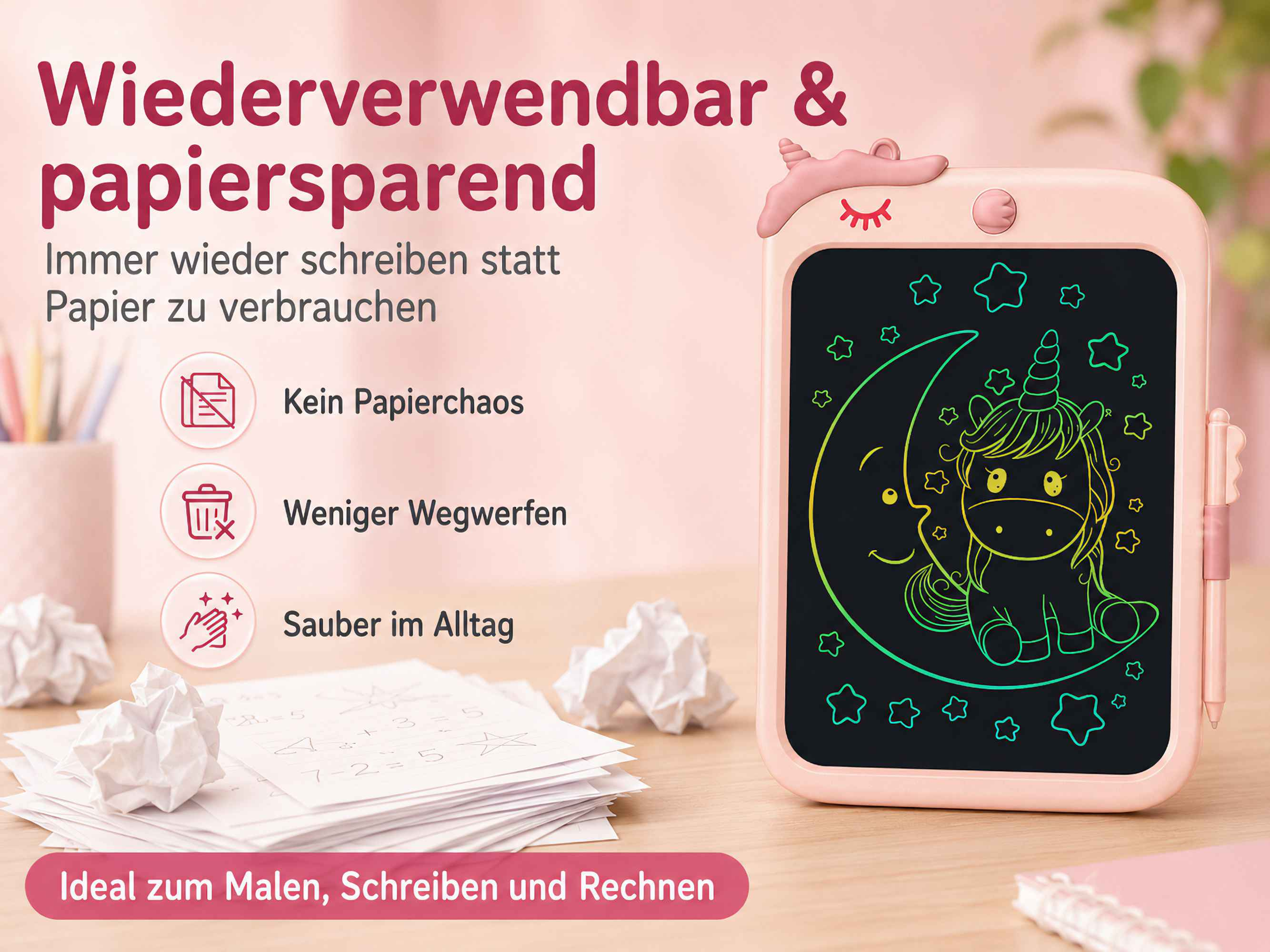 Ein rosanes Notizbuch mit Einhorn-Motiv zeigt bunte Zeichnungen von Sternen und Mond. Daneben liegen zerknüllte Papiere.