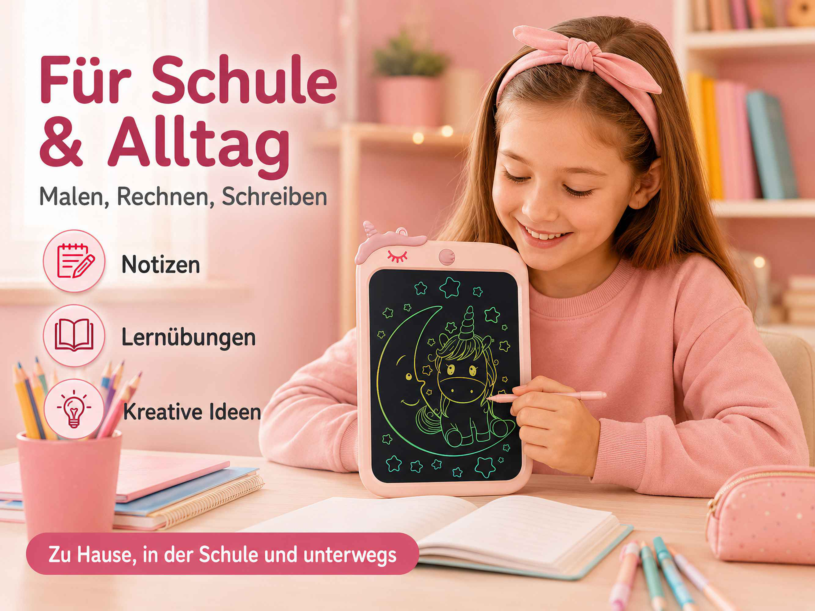 Ein Mädchen mit rosa Schleife im Haar zeichnet mit Stift auf einer pinken Tafel.