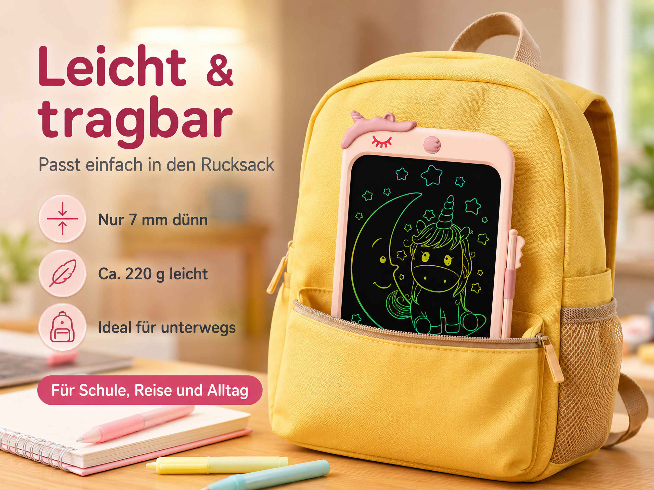 Gelber Rucksack mit pinkem Notizblock, der ein Einhorn zeigt. Leicht und tragbar.