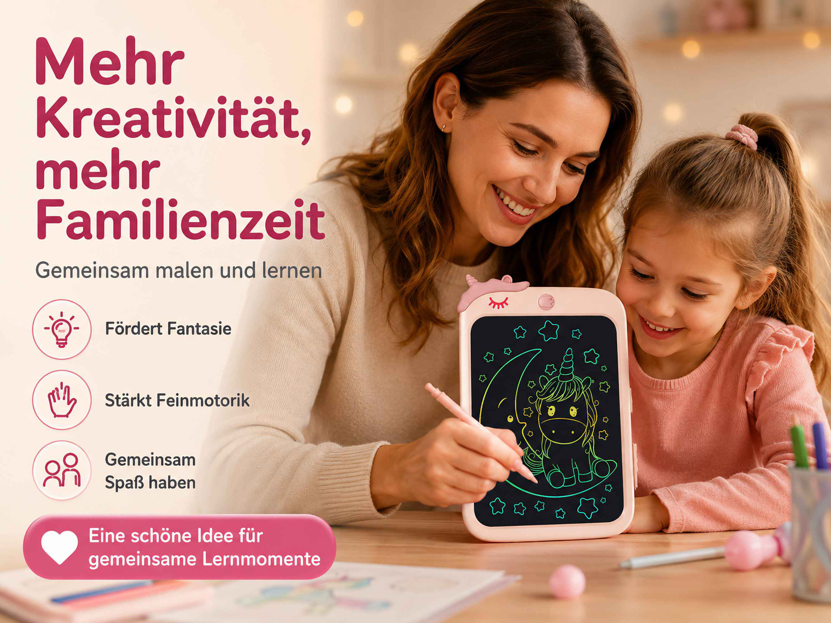 Eine Frau und ein Kind lächeln, während sie ein Einhorn auf einem rosa digitalen Skizzenblock zeichnen. Textüberlagerung beschreibt Vorteile.