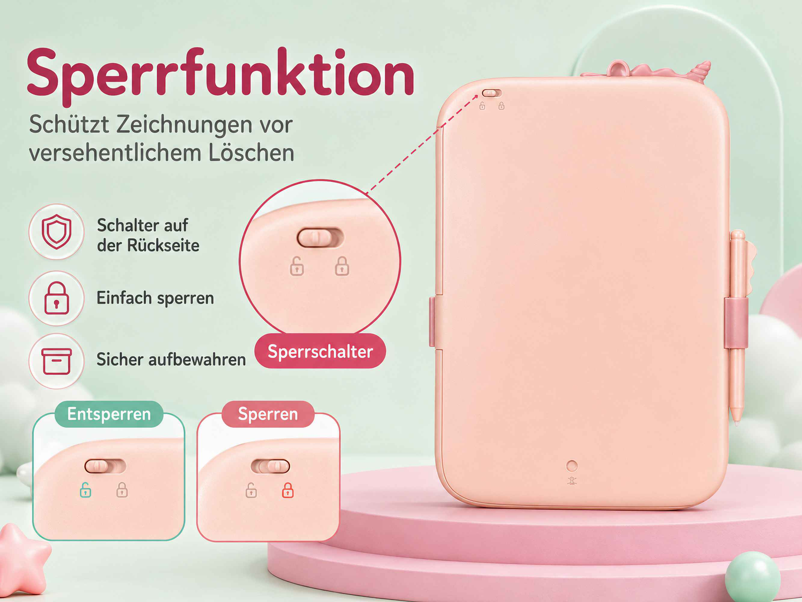 Ein rosafarbener Kasten mit einem Stiftschlaufe und einem Sperrschalter.
