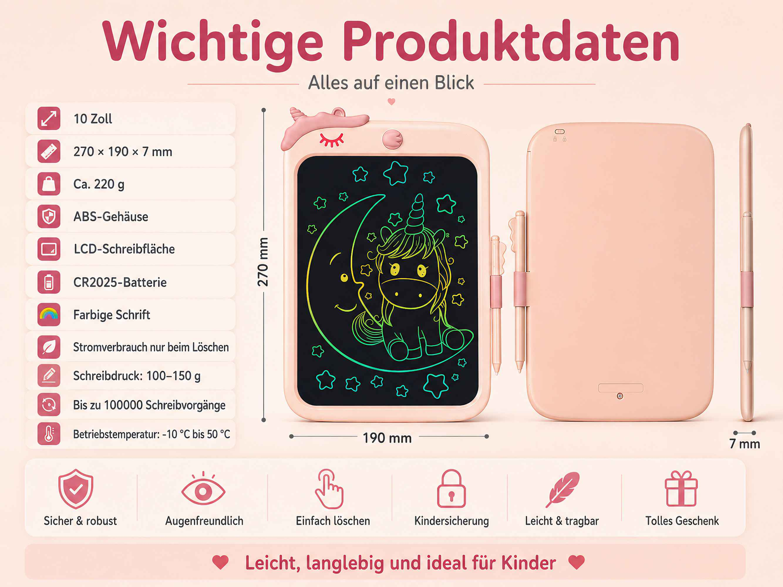 Ein rosafarbener LCD-Schreibtablett mit einem Einhorn auf dem Mond, Details und Maße.