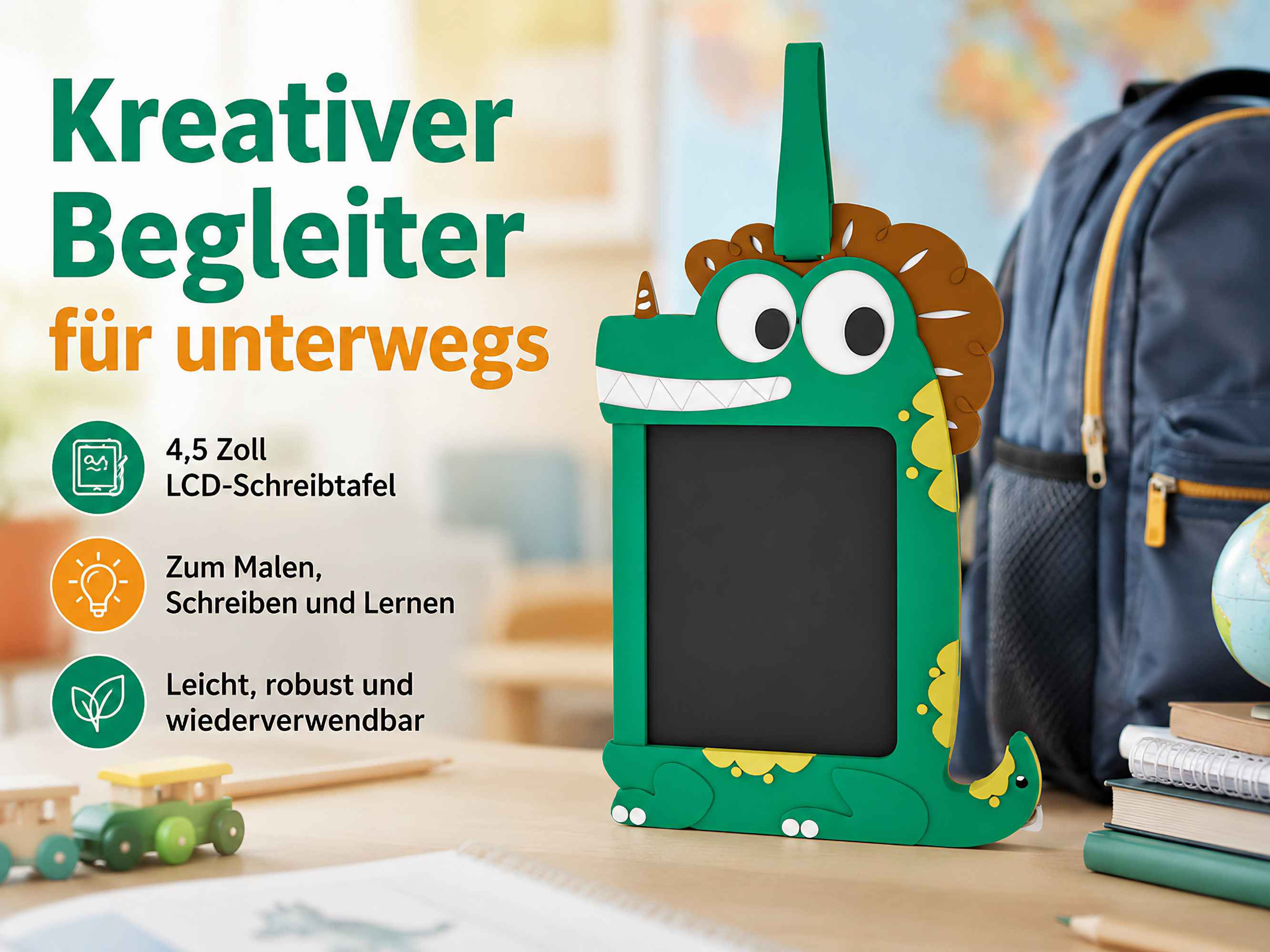Ein grünes Dino-Schreibtablet mit Text, Rucksack und Globus.