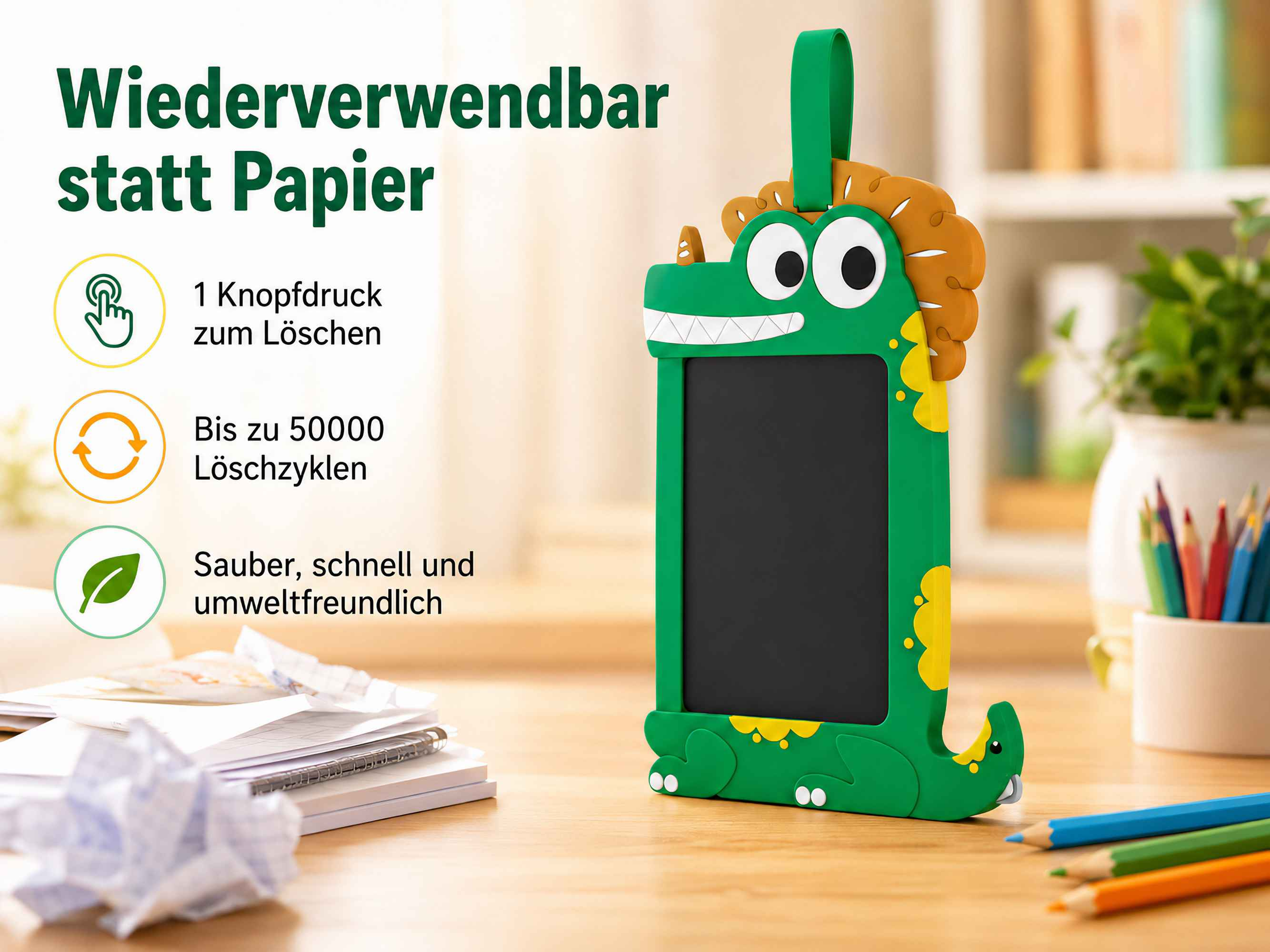 Grünes Dinosaurier-Schreibtablett mit Löschfunktion, Stiften und Papier.