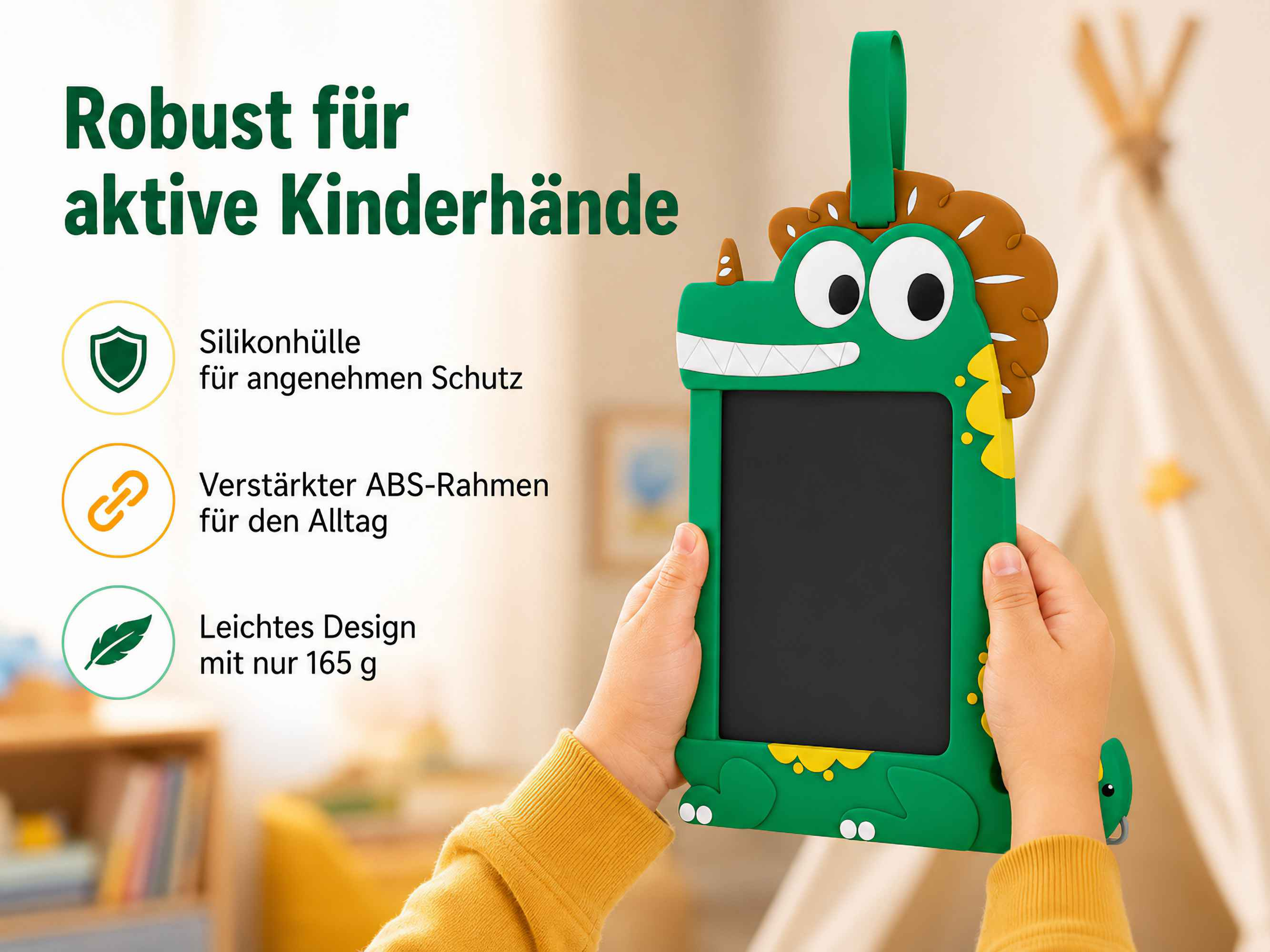 Grünes Dinosaurier-Tablet für Kinder, gehalten von Händen, mit Schutzmerkmalen.