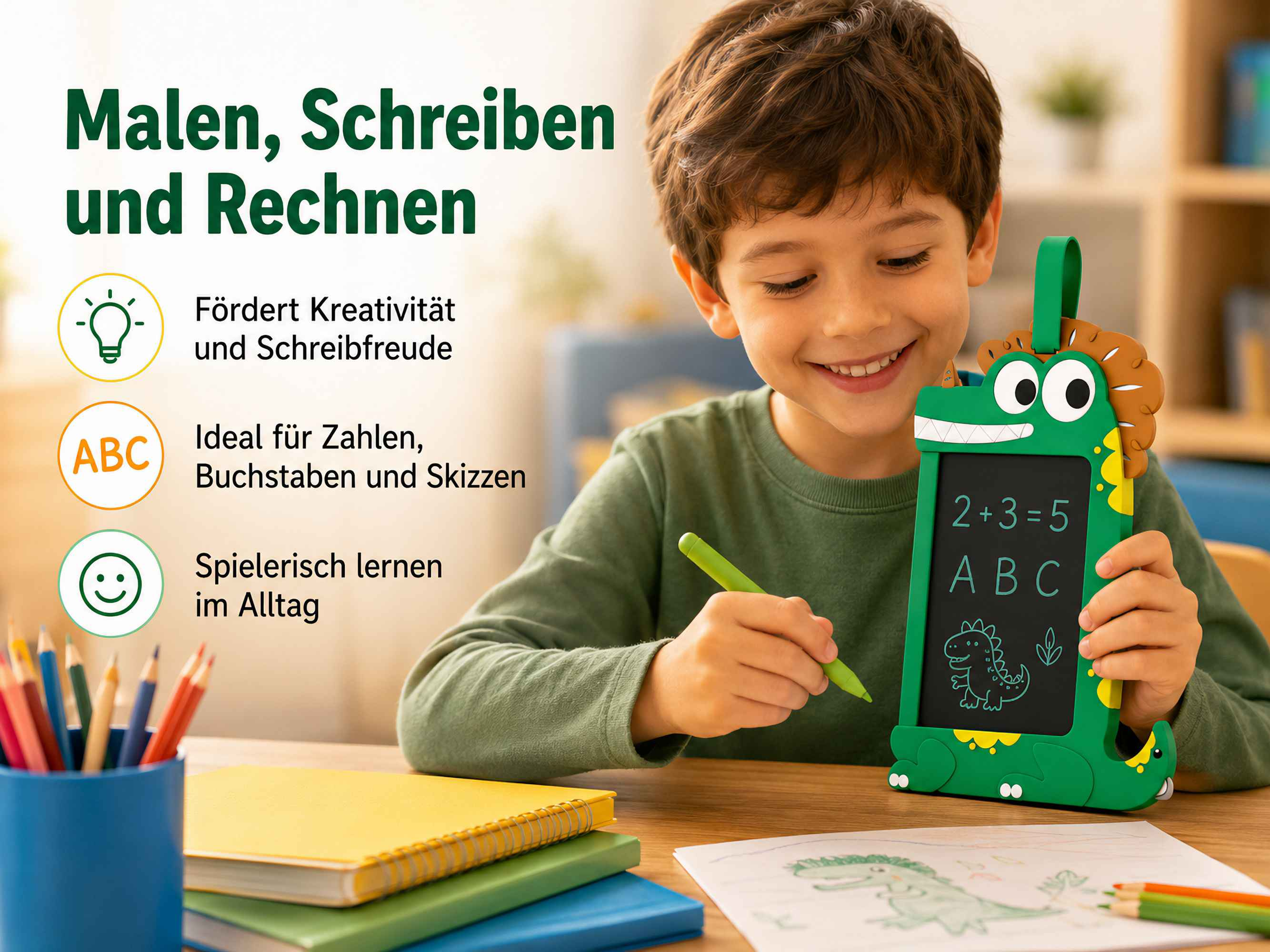 Ein Junge lernt mit einem grünen Dinosaurier-Tablet zu schreiben und zu rechnen.