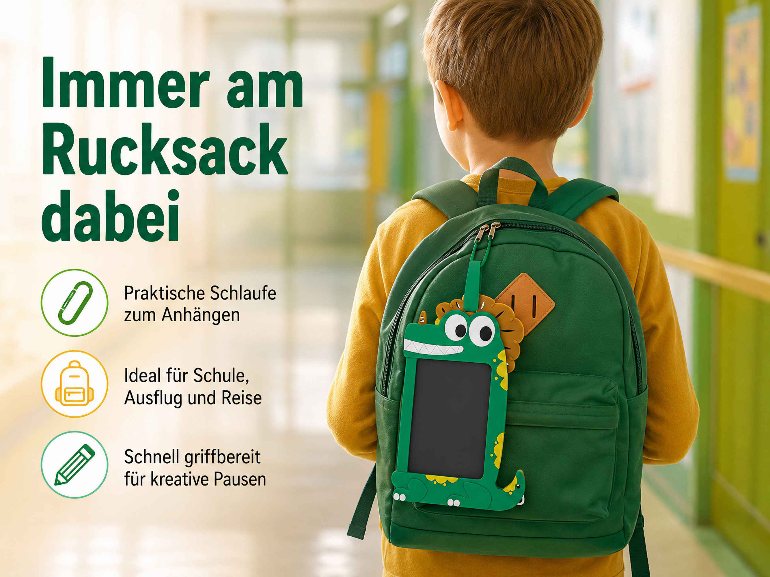 Ein Junge mit Rucksack, der eine grüne Dino-Schreibtafel trägt.