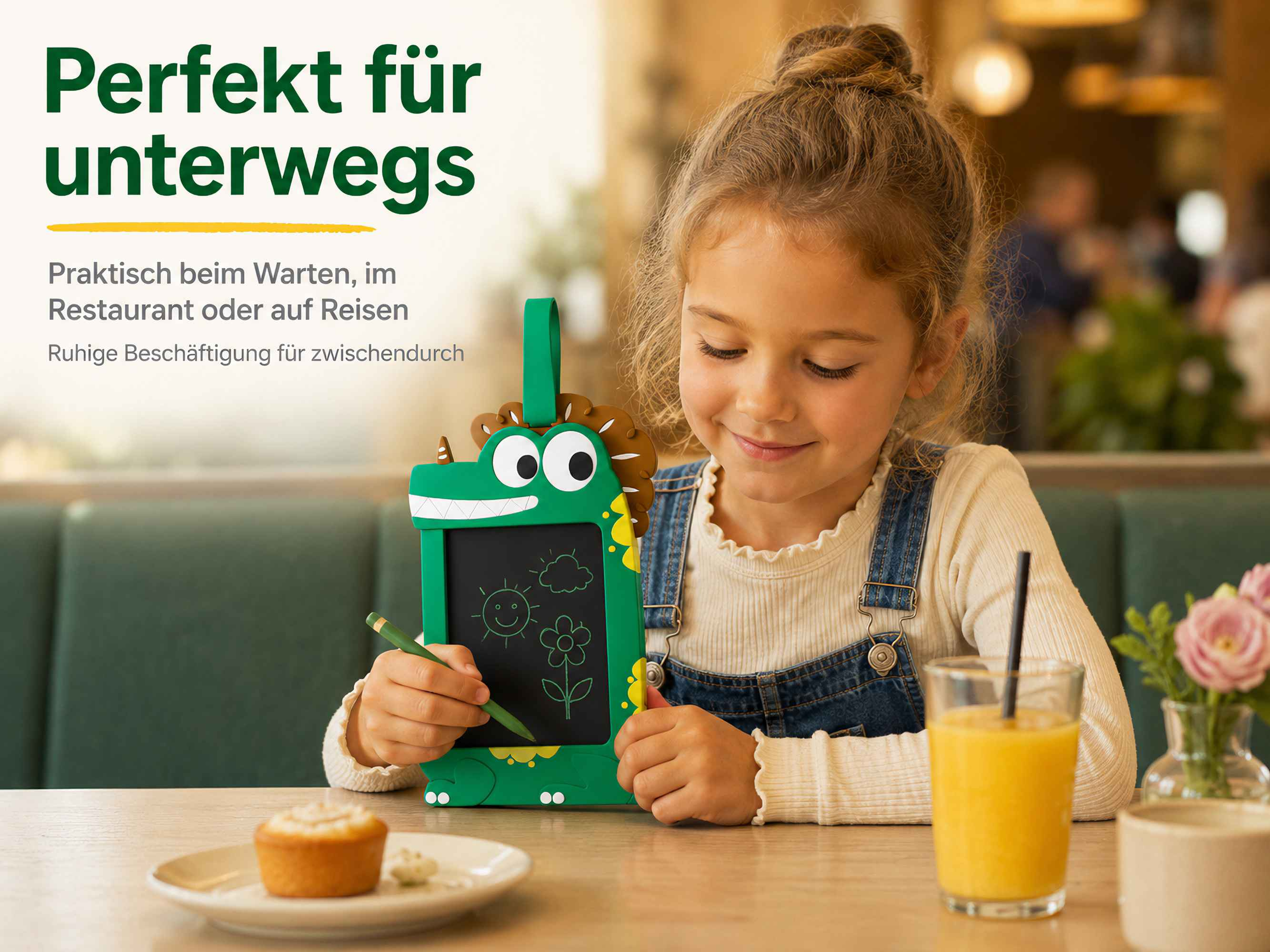 Ein Mädchen zeichnet auf einem grünen Dinosaurier-Tafel, neben einem Glas Saft.