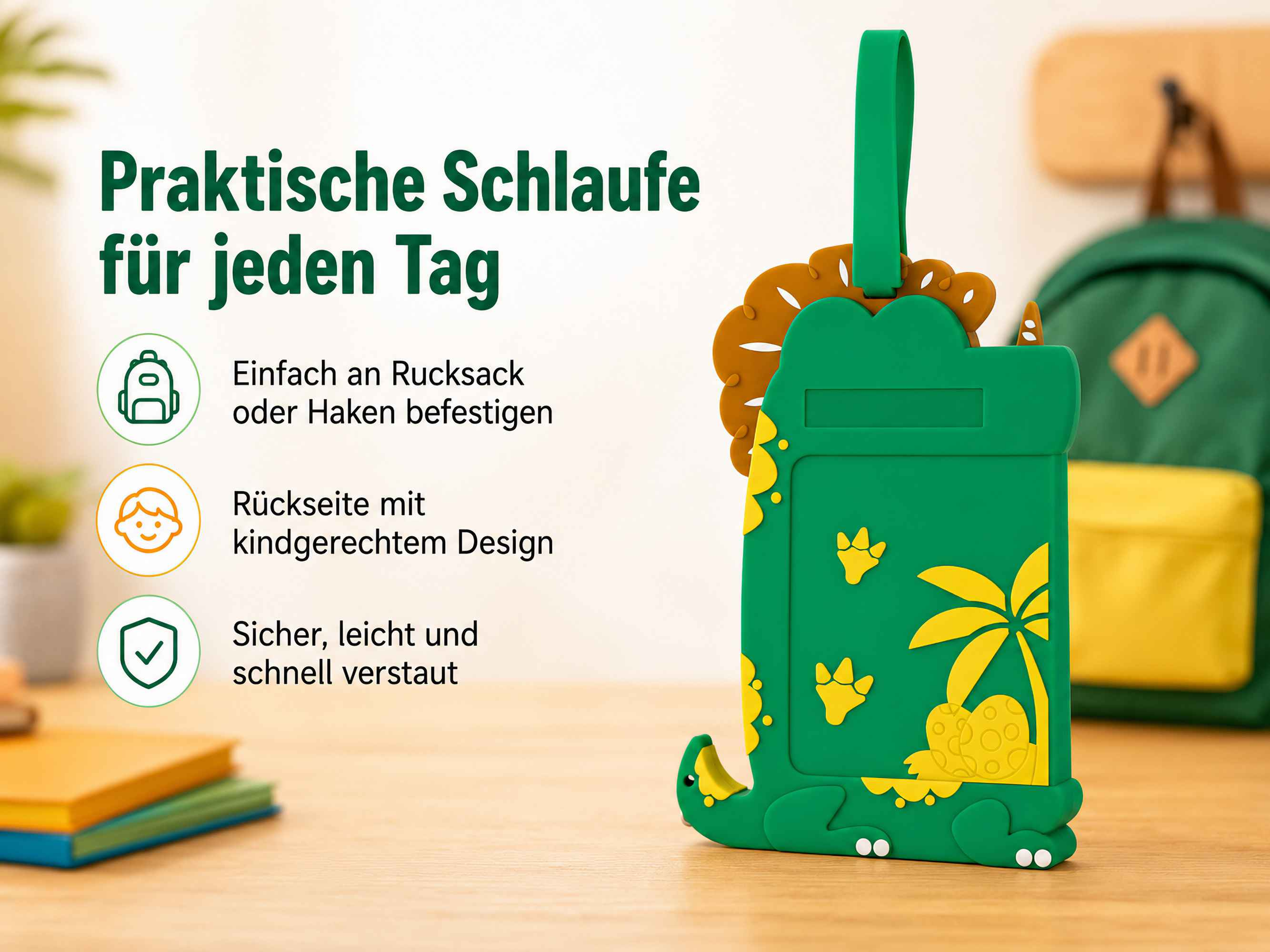 Grüner Dino-Anhänger mit Palme und Eiern. Praktisch für jeden Tag.