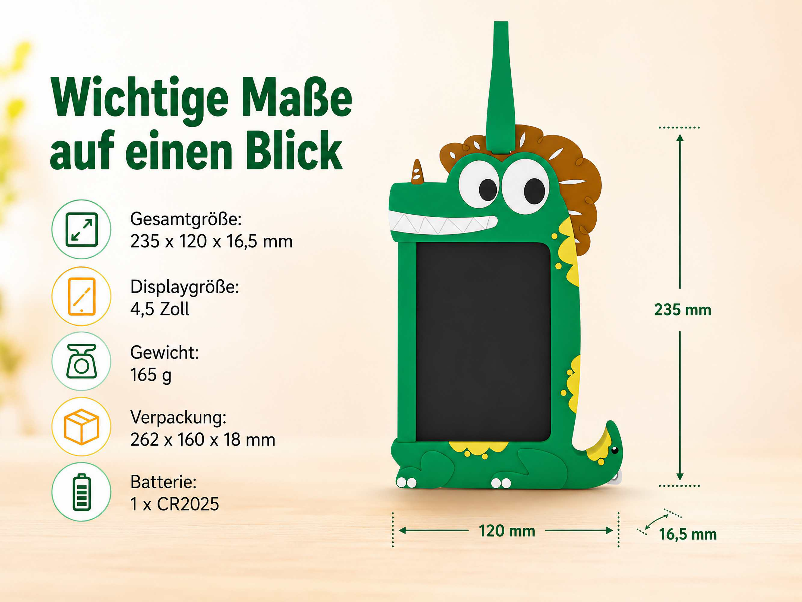 Grüner Dinosaurier-Schreibblock mit Maßen: 235x120x16,5 mm.