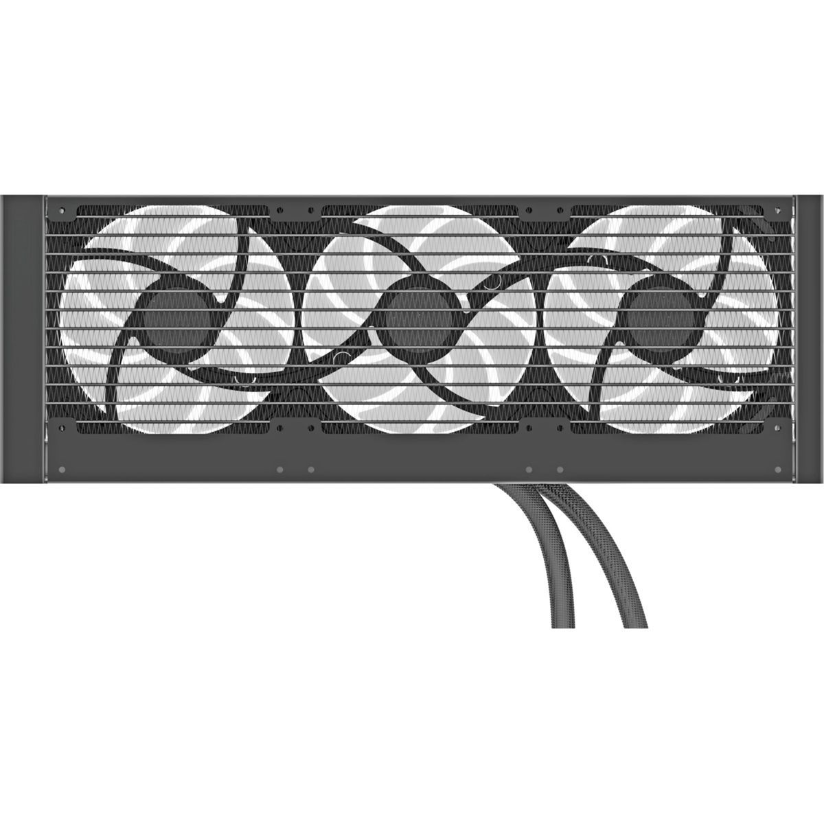 Ein schwarzer Radiator mit drei Lüftern und zwei Schläuchen darunter.