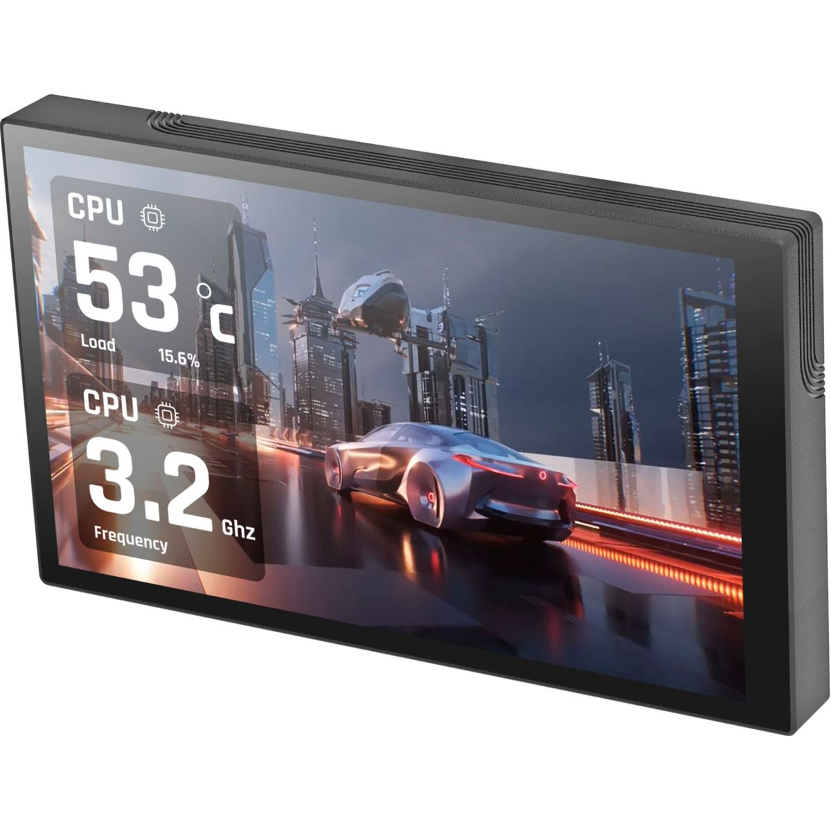 Bildschirm zeigt futuristische Stadt mit Auto. Zeigt CPU-Temp 53°C, Auslastung 15,6%, Frequenz 3,2GHz.