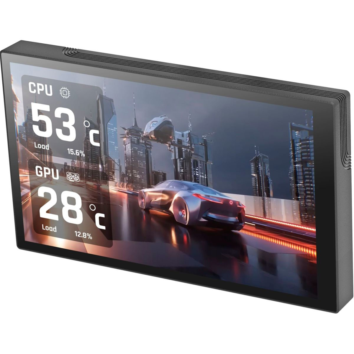 Ein schwarzer rechteckiger Monitor zeigt CPU- und GPU-Temperaturen und -Lasten an, mit einem futuristischen Auto auf einer Stadtautobahn im Hintergrund.