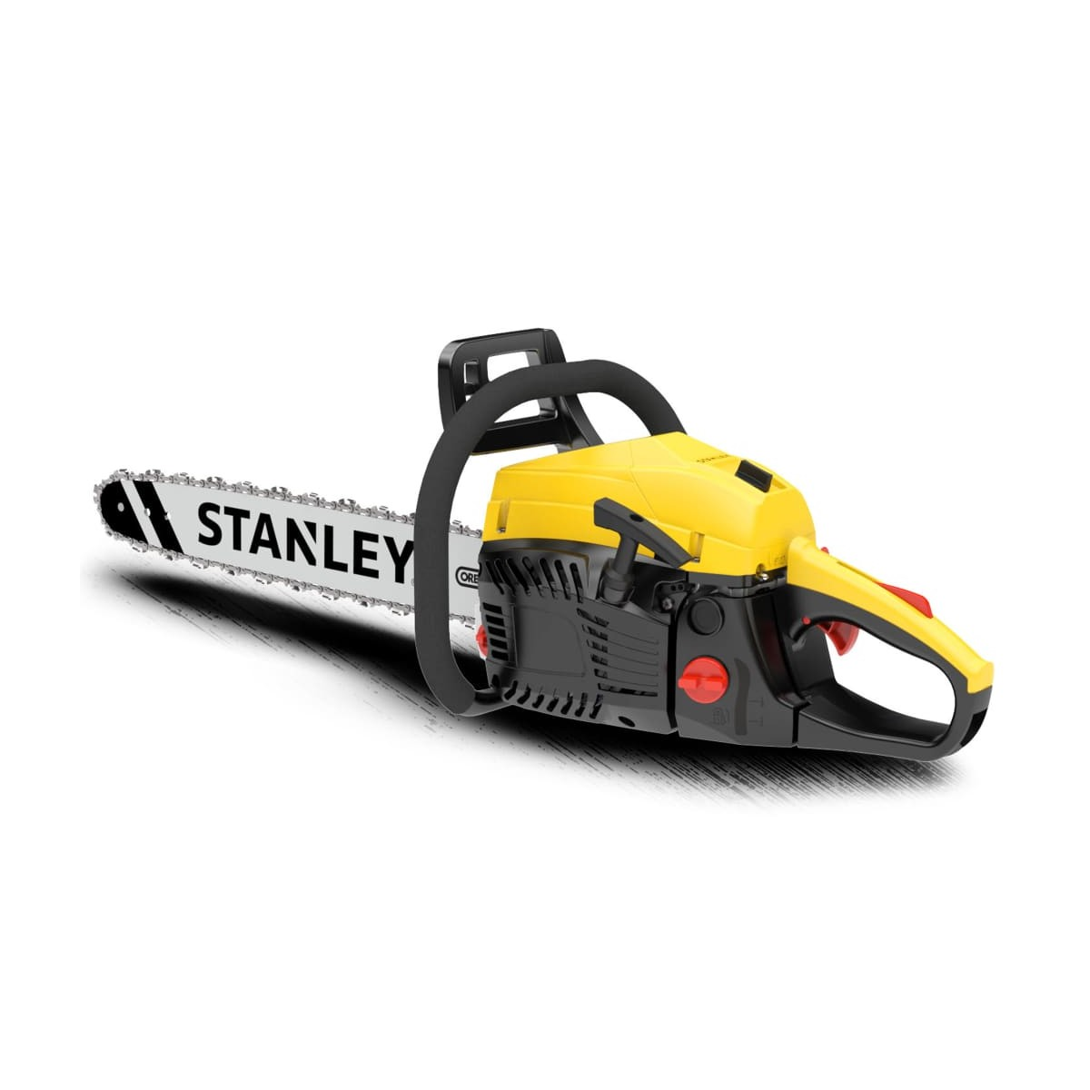 Tronçonneuse jaune avec poignée noire et chaîne logo Stanley.