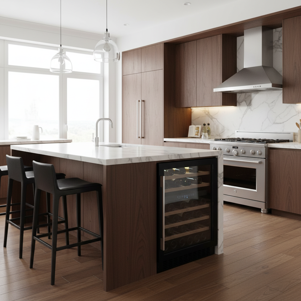 Cocina moderna con isla, nevera de vino y cocina de gas.