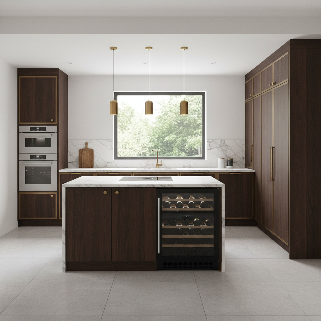 Moderna cocina de madera oscura con encimera de mármol, vinoteca y ventana grande.
