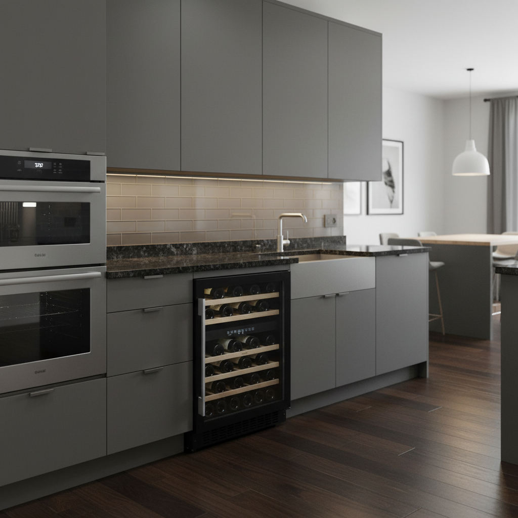 Cocina moderna con gabinetes grises, hornos dobles, fregadero y enfriador de vino.