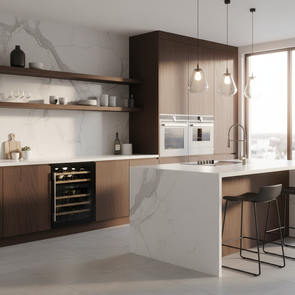 Cocina moderna con gabinetes de madera, encimeras de mármol, nevera de vinos y hornos.