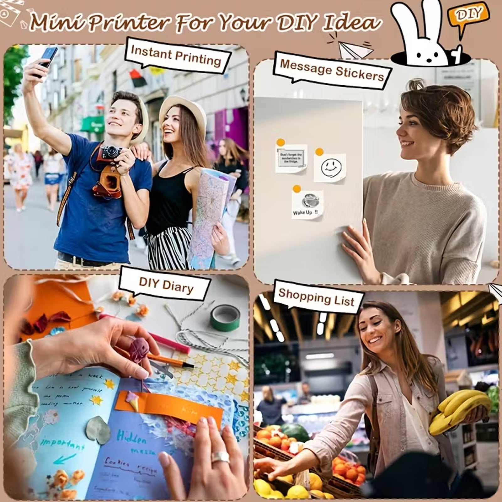 Vier Collagen-Szenen: Paar macht Selfie, Frau am Kühlschrank, DIY-Tagebuch, Frau kauft ein.