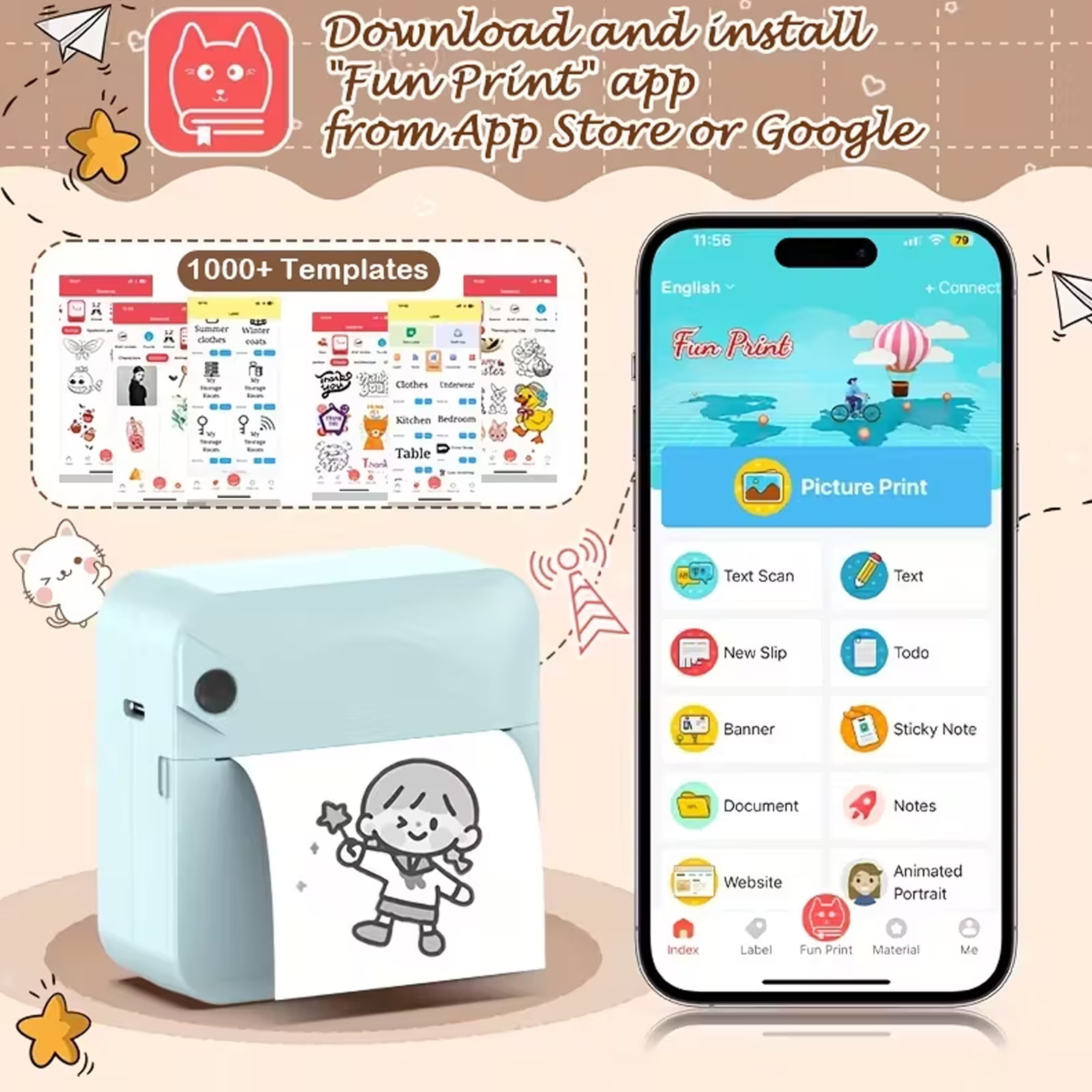 Ein heller Drucker mit einem Handy, das die App "Fun Print" zeigt.