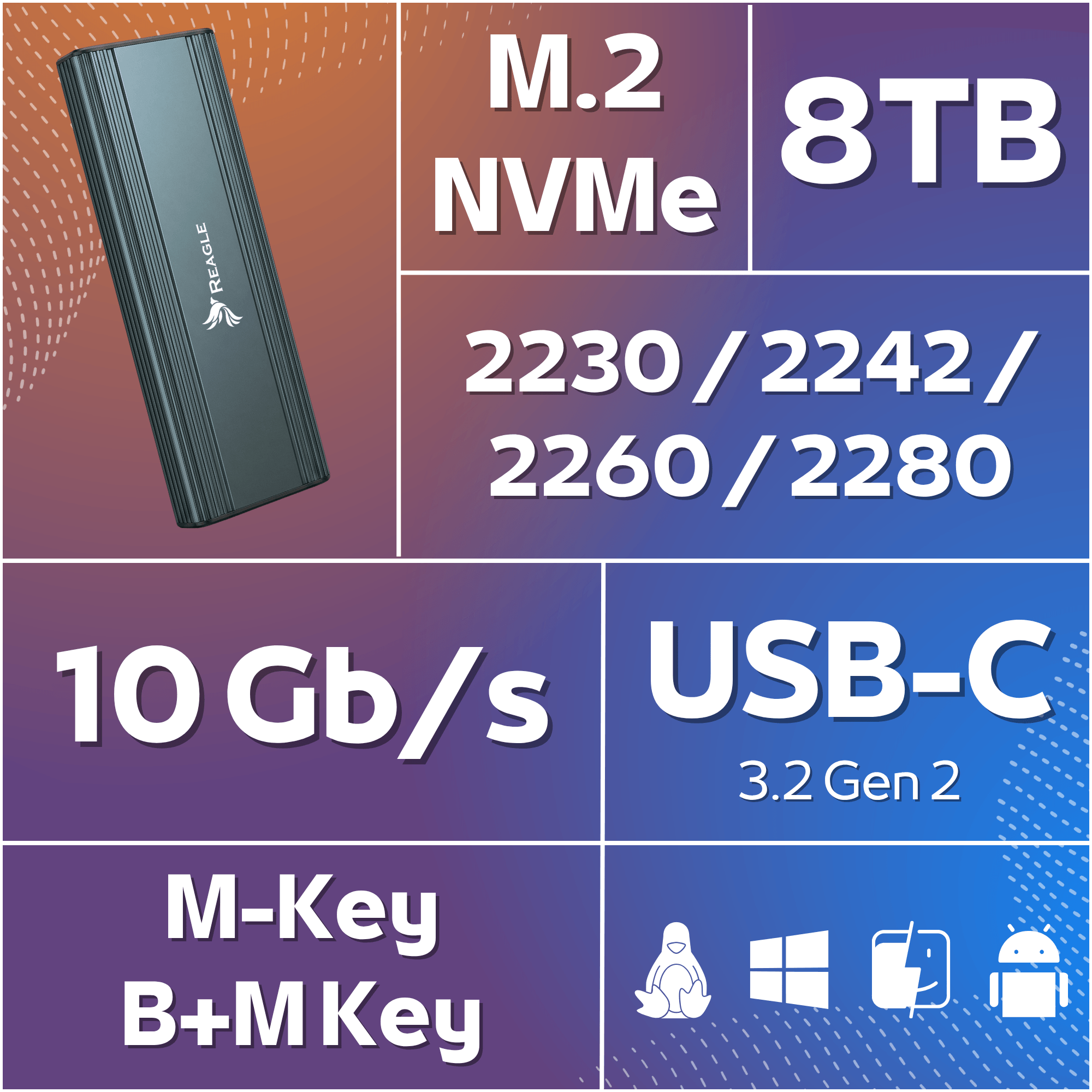 Obudowa SSD M.2 NVMe, 8 TB, 10 Gb/s, USB-C 3.2 Gen 2